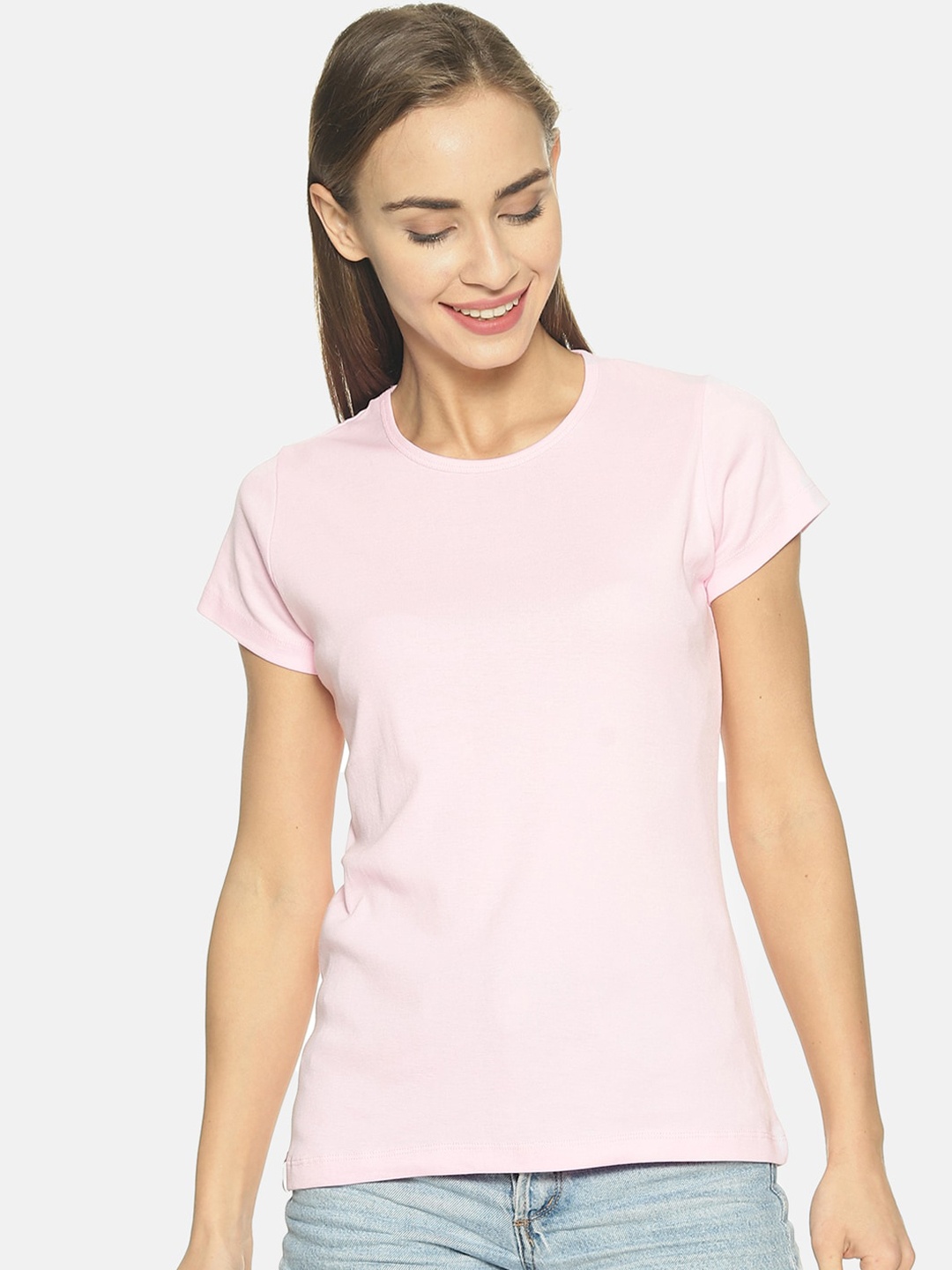 

FEMEA Women Pink Solid Round Neck T-shirt