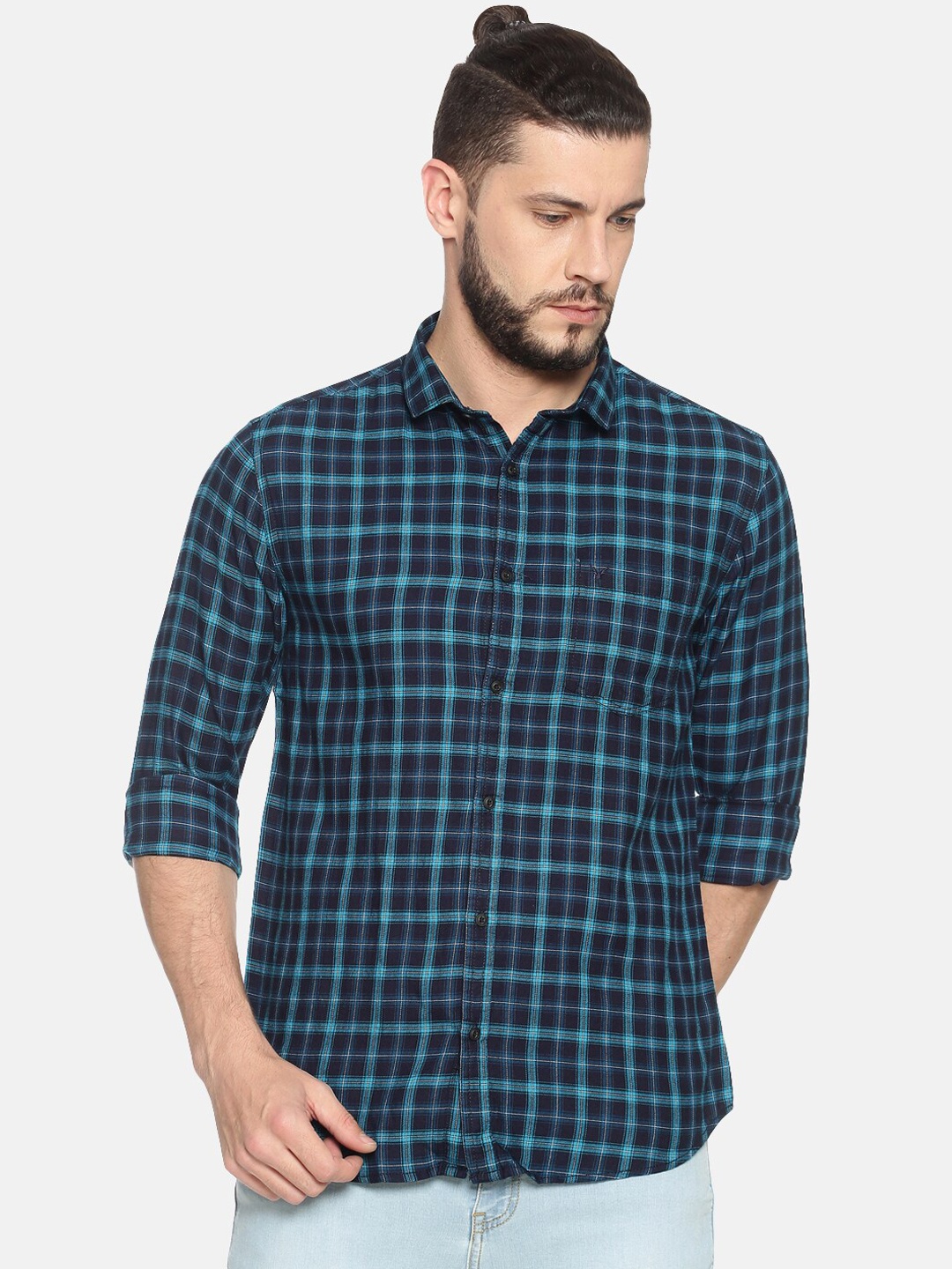 

SHOWOFF Men Navy Blue Slim Fit Checked Casual Shirt