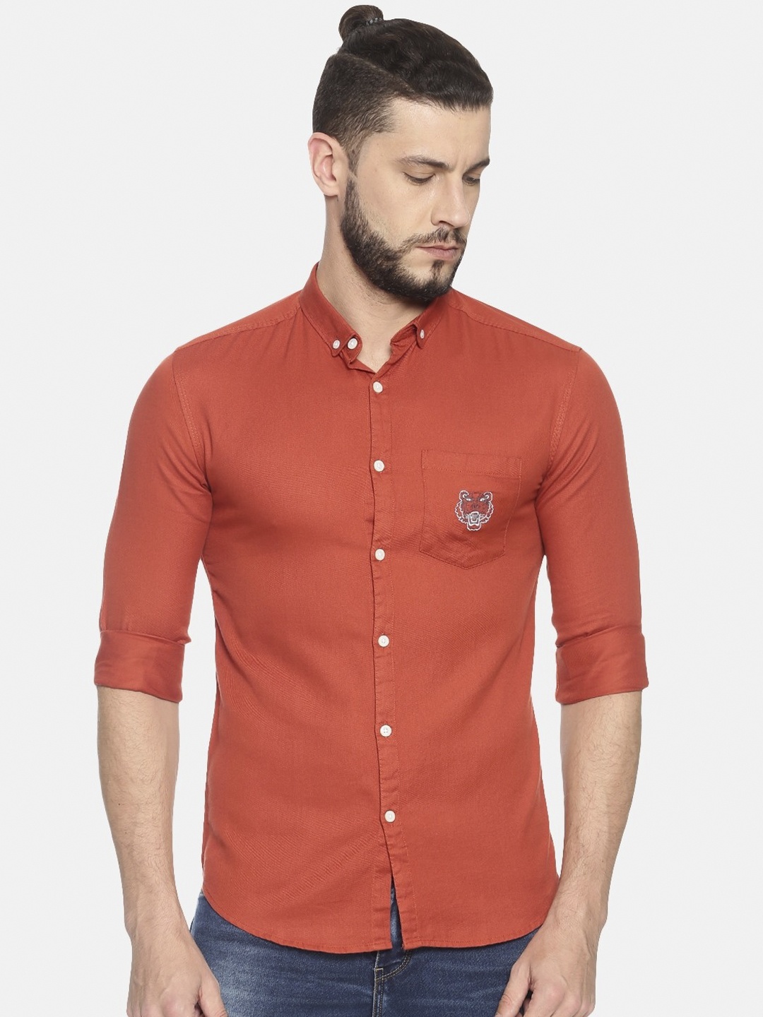 SHOWOFF Men Orange Slim Fit Solid Casual Shirt