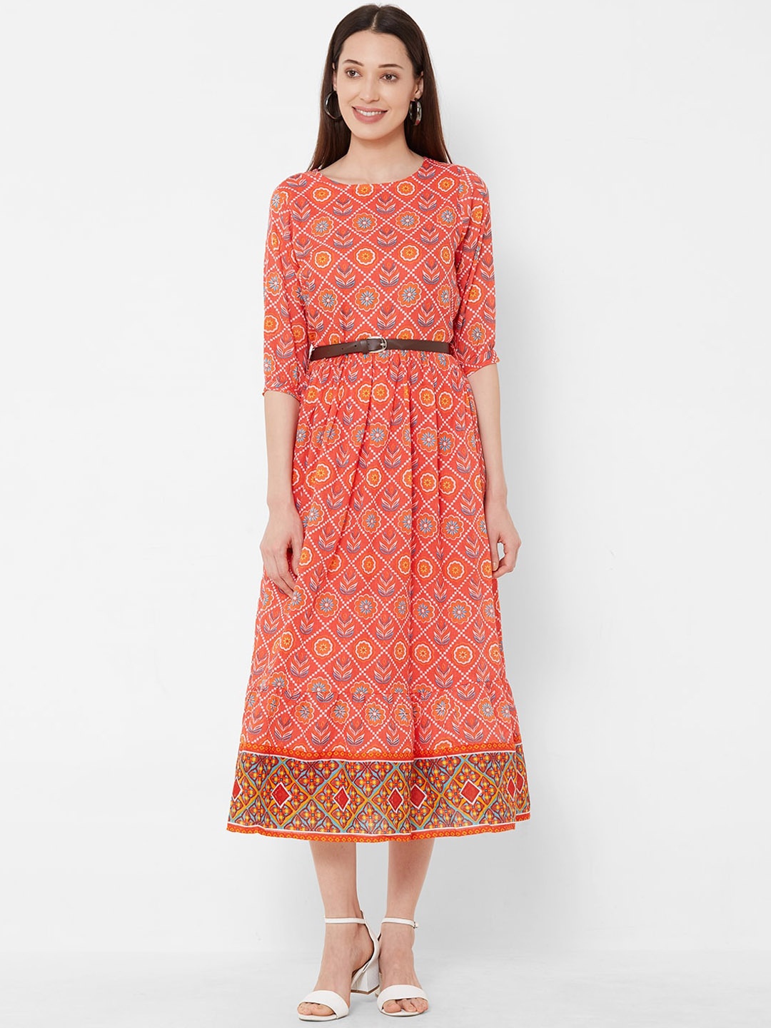 

Vedic Women Orange Printed Fit and Flare Dress
