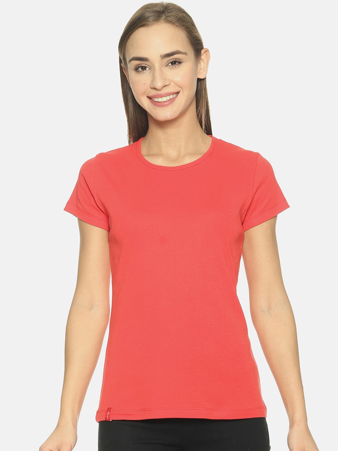 

FEMEA Women Coral Red Solid Round Neck Pure Cotton T-shirt