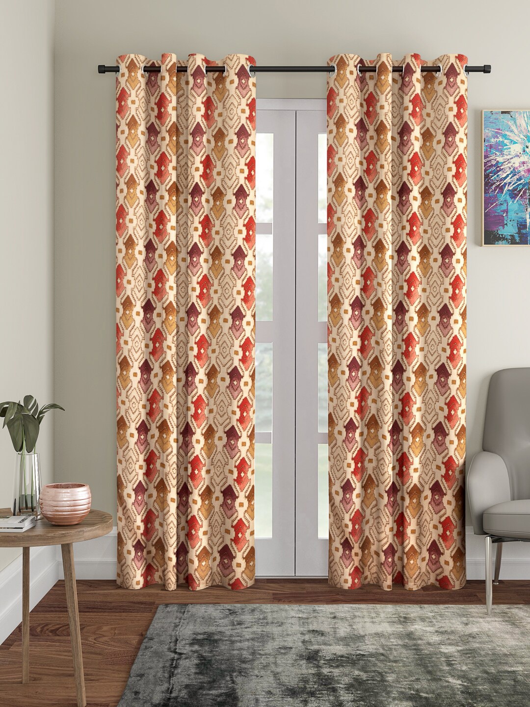 

KLOTTHE Beige & Red Set of 2 Door Curtains