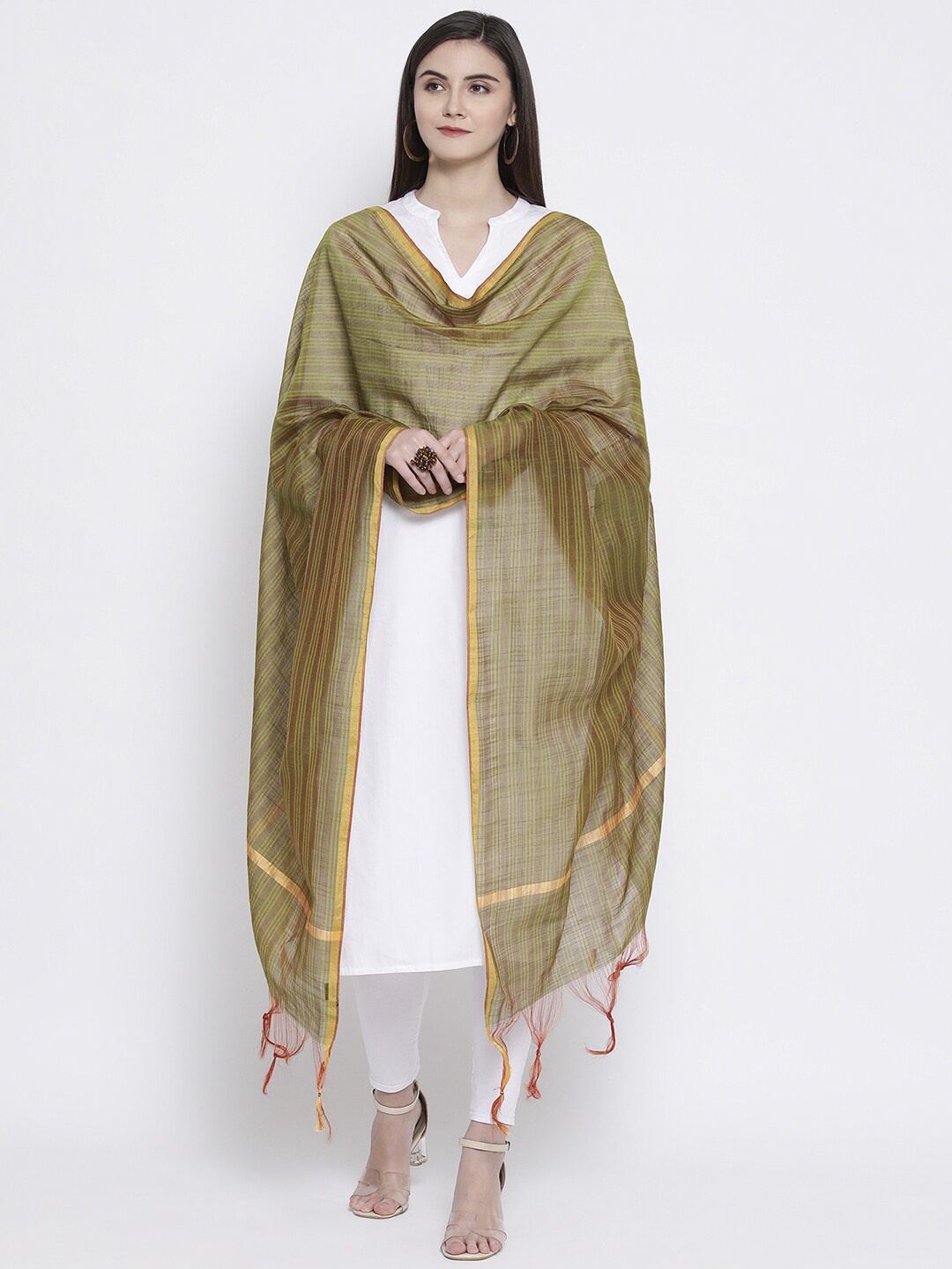

SHINGORA Women Green Striped Antiviral Coated Dupatta