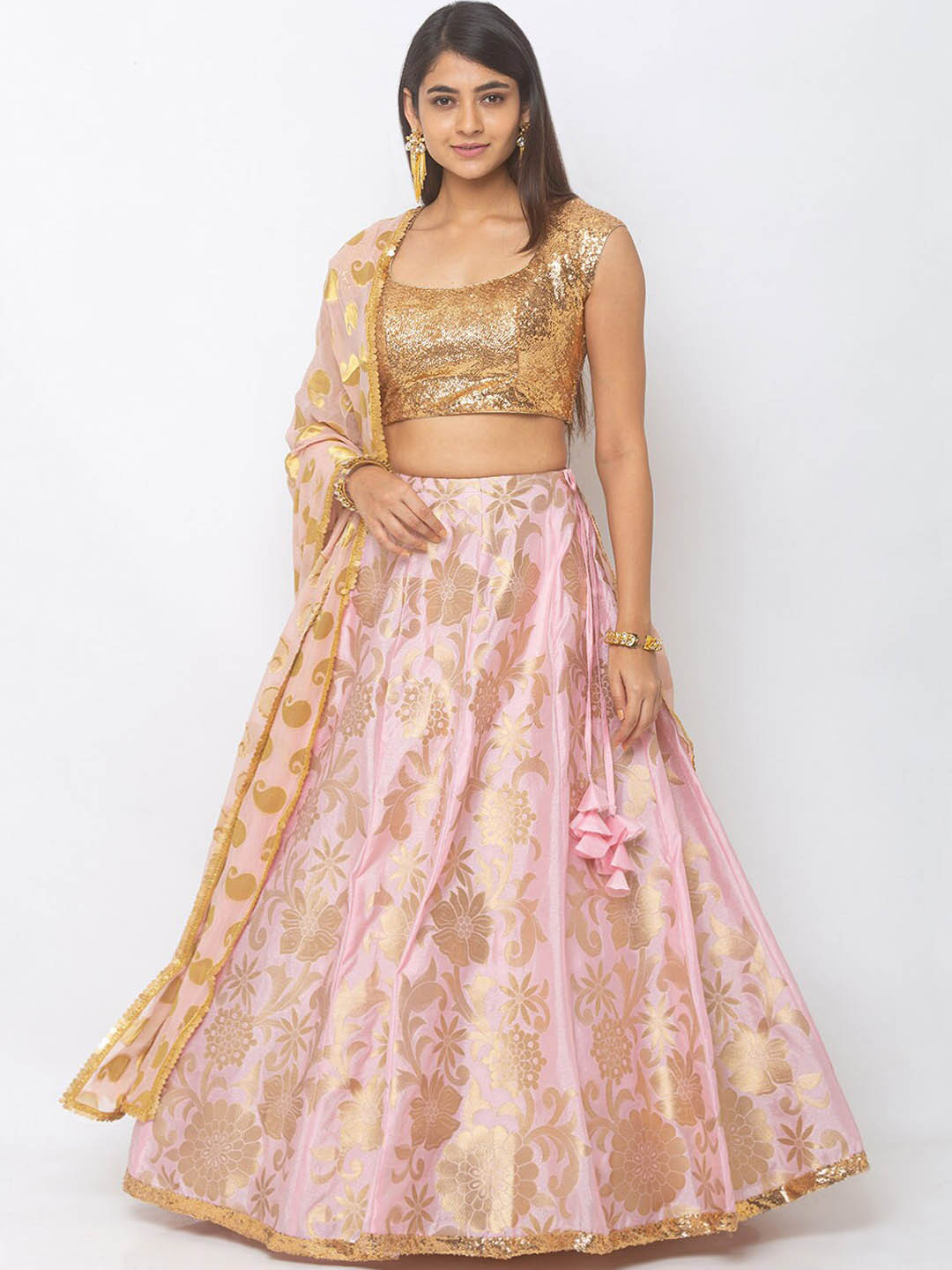 

6Y COLLECTIVE Pink & Gold-Coloured Ready to Wear Lehenga & Unstitched Blouse with Dupatta