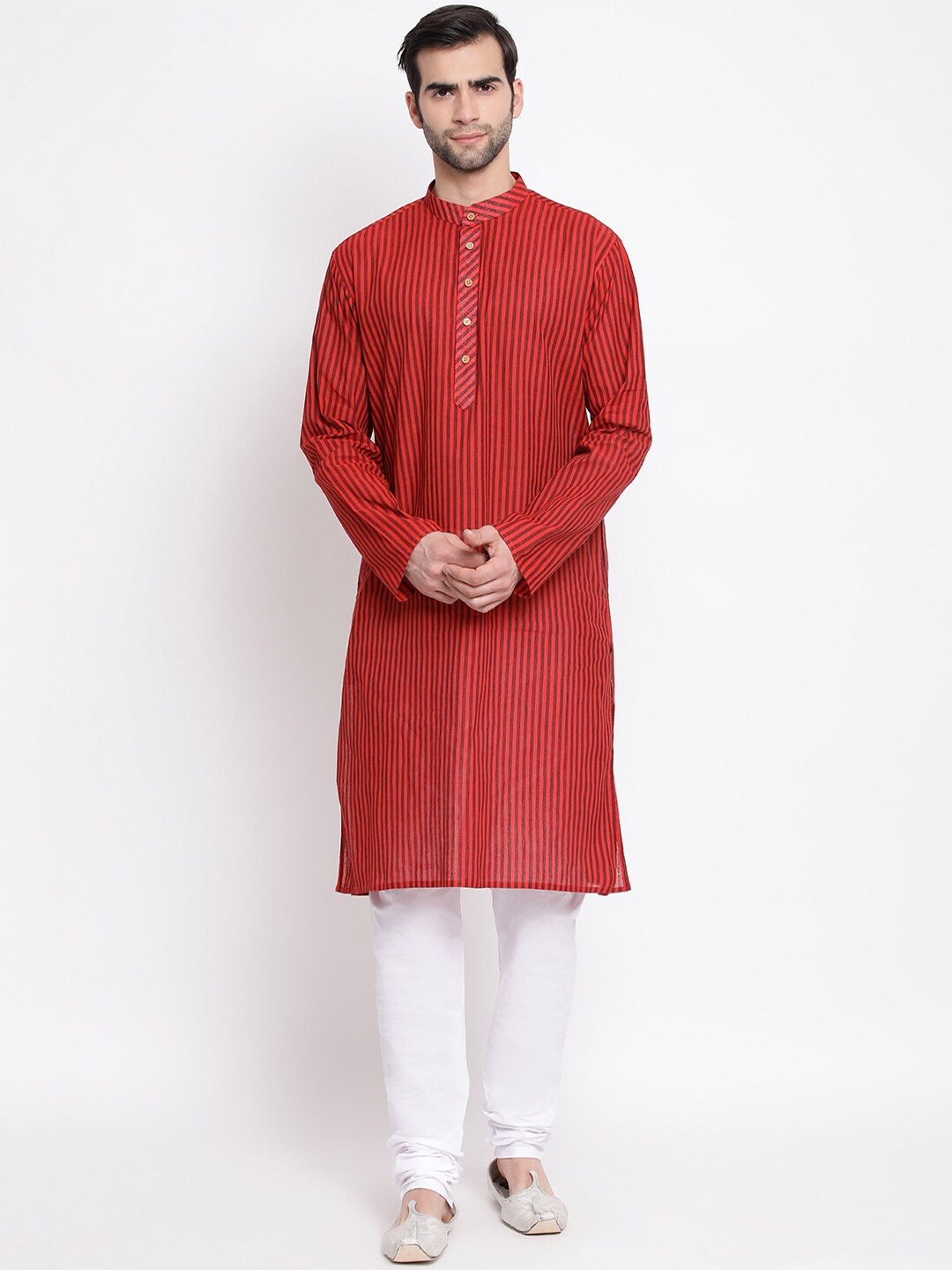

VASTRAMAY Men Red & White Striped Kurta with Pyjamas