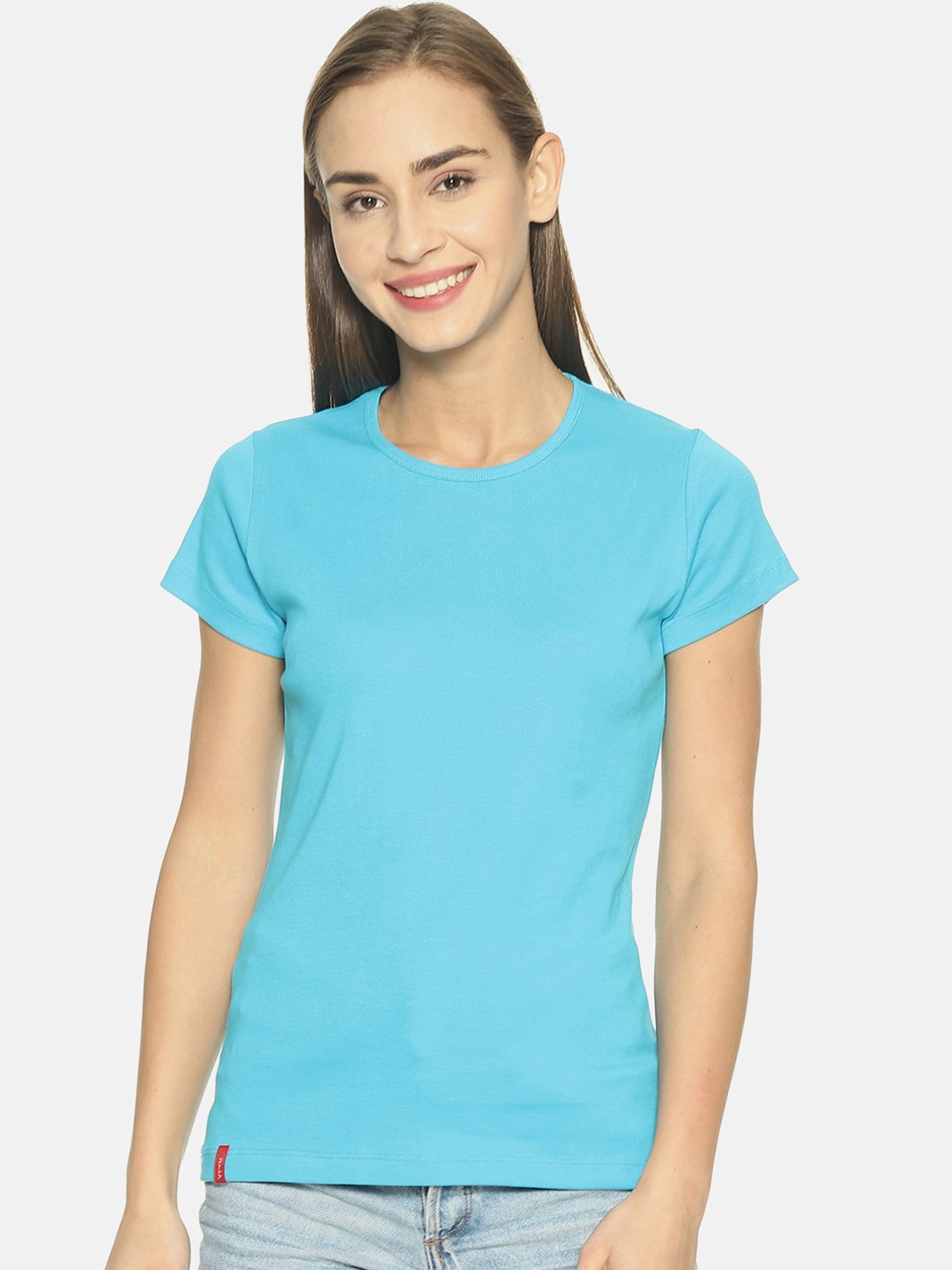 

FEMEA Women Blue Solid Round Neck Pure Cotton T-shirt