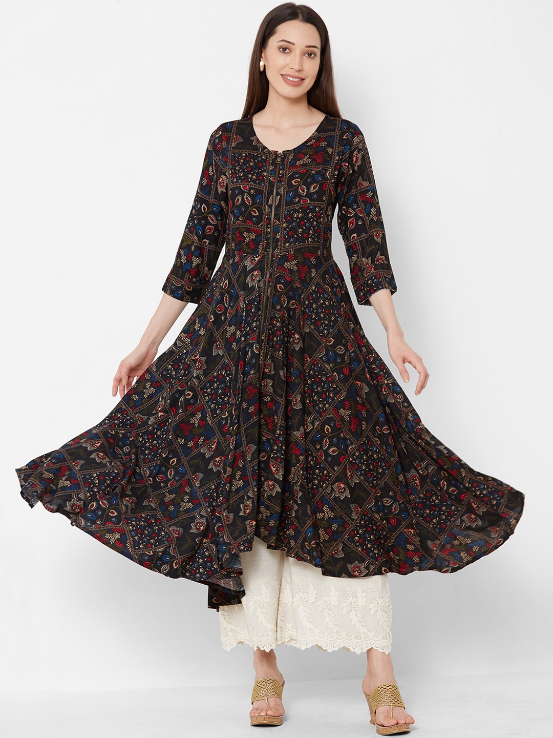 Vedic Women Black & Beige Printed A-Line Kurta