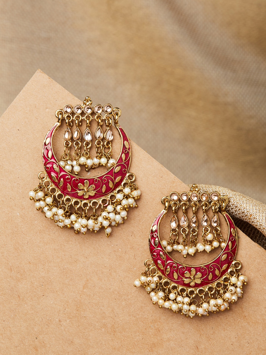 

Fida Gold-Plated & Fuchsia Crescent Shaped Drop Earrings