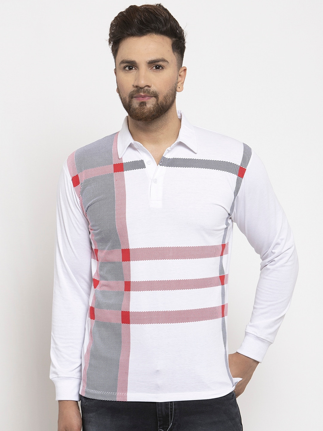 

WILD WEST Men White & Red Checked Polo Collar T-shirt