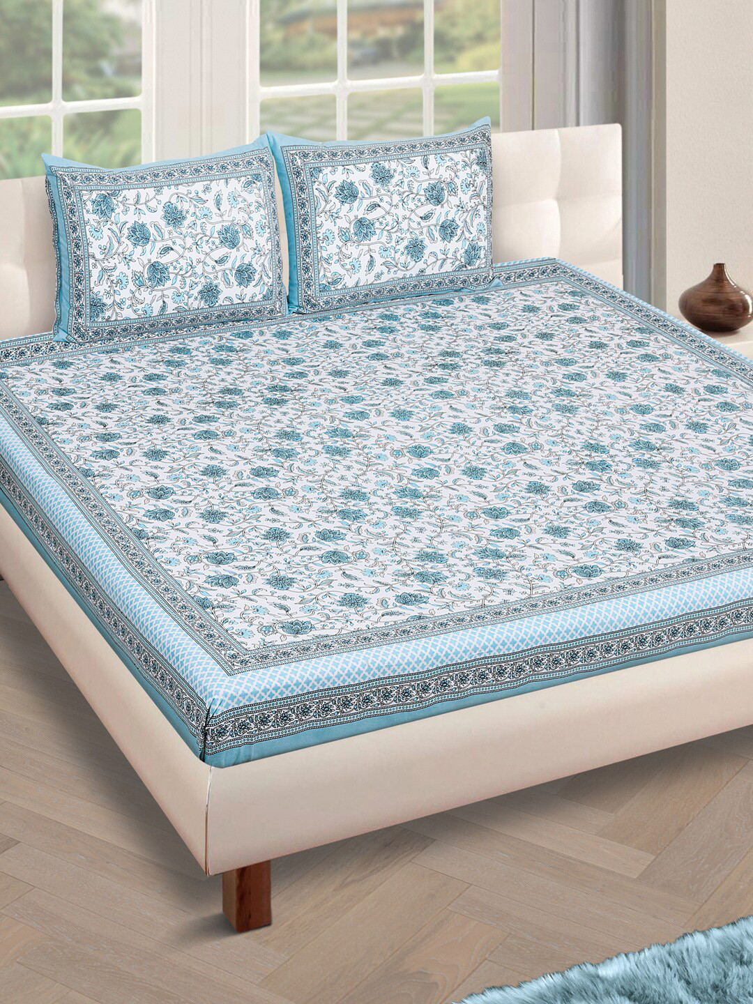 

ROMEE Off-White & White Floral 180 TC Cotton 1 King Bedsheet with 2 Pillow Covers
