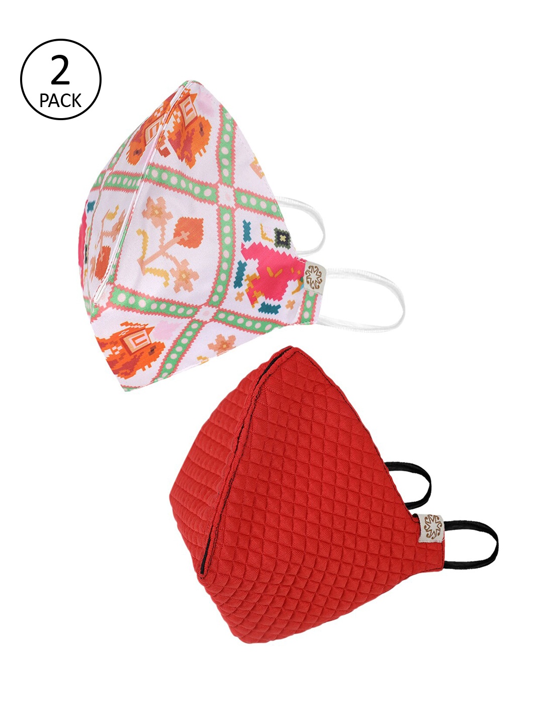 

VASTRAMAY Unisex Beige & Red Pack of 2 Reusable 4-Ply Cloth Masks, Multi