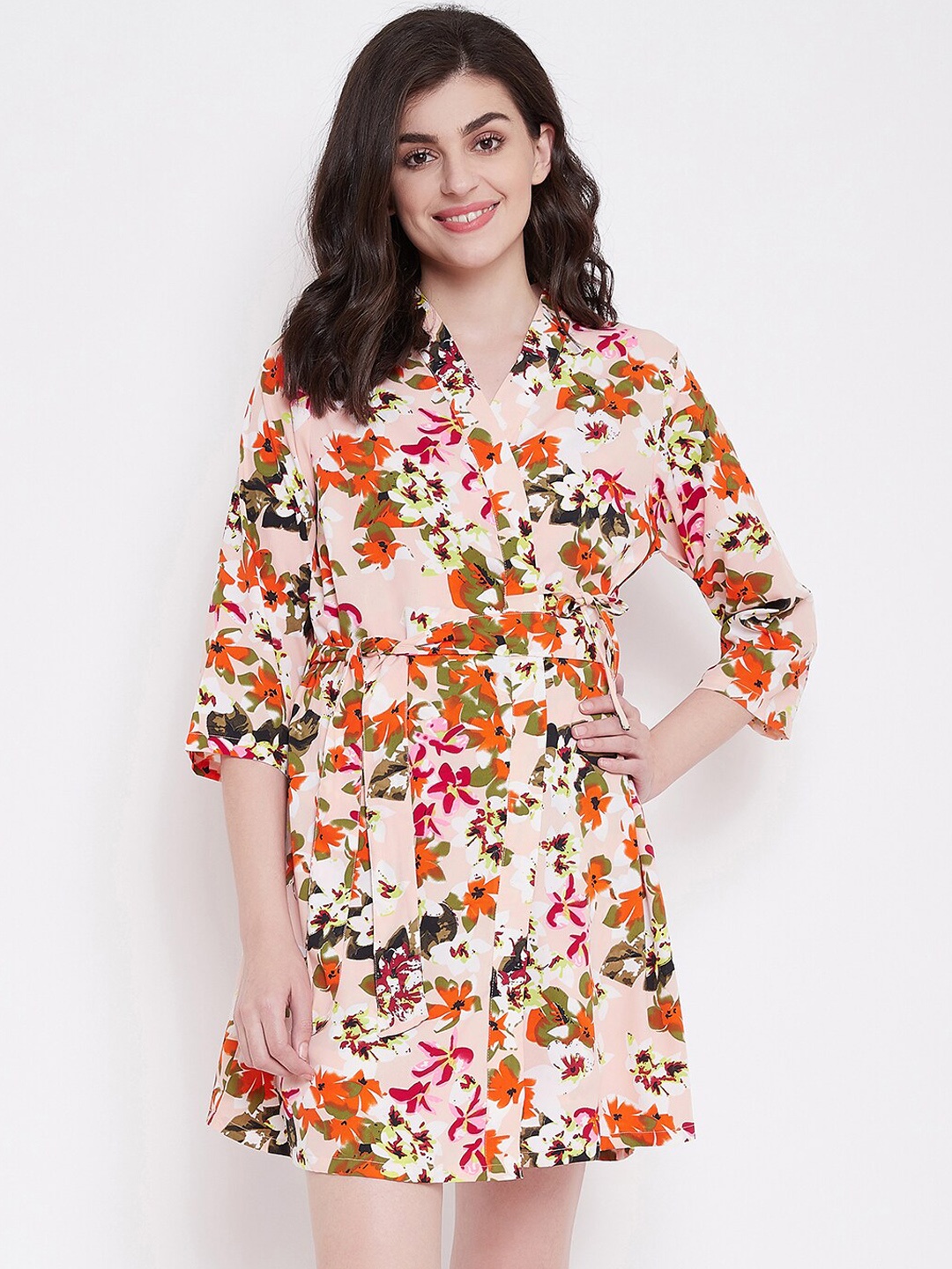 

Clovia Women Pink & Orange Floral Printed Crepe Short Robe NS1329P19