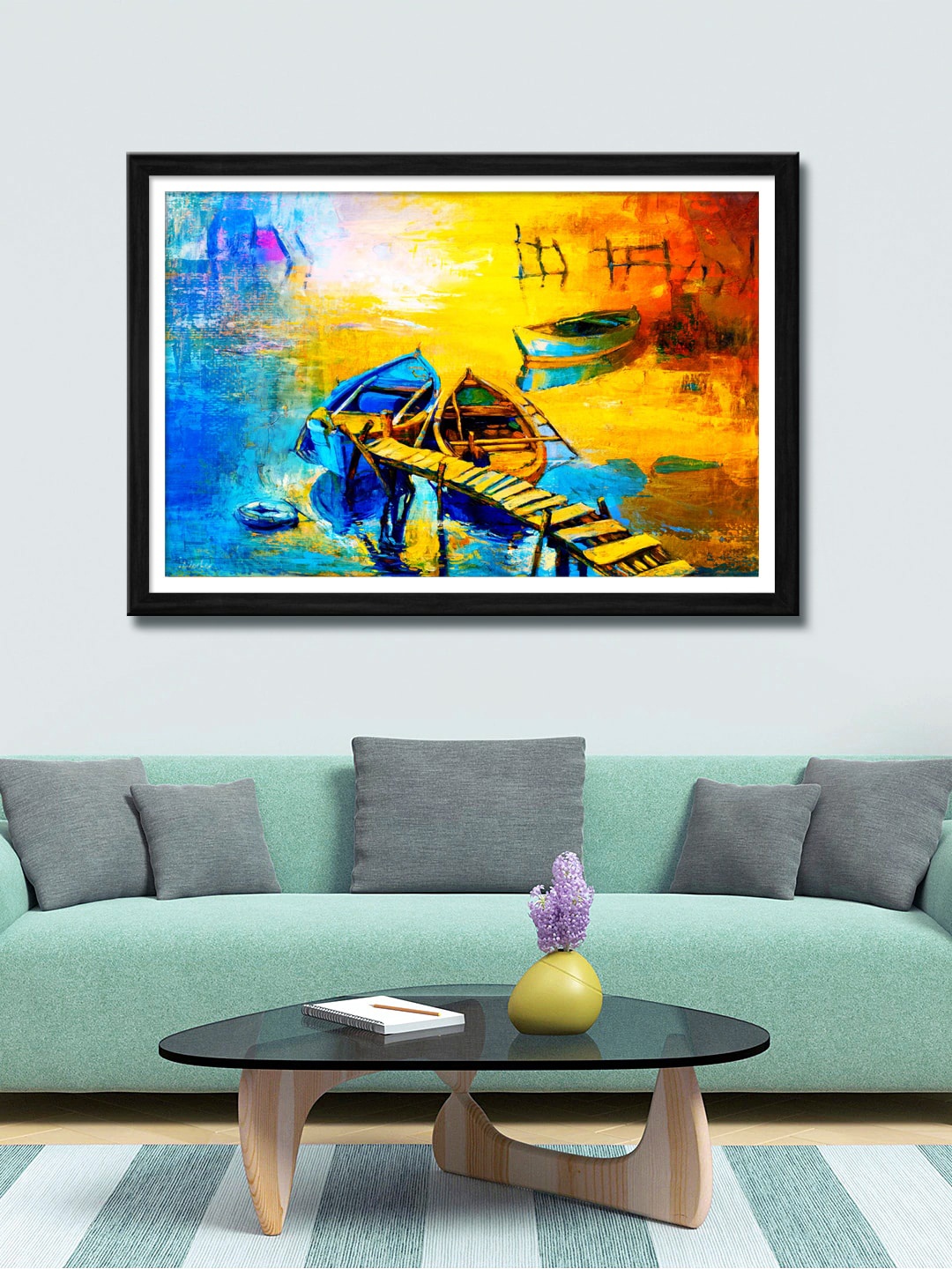 

999Store Yellow & Blue Two Boats Canvas Painting Wall Art
