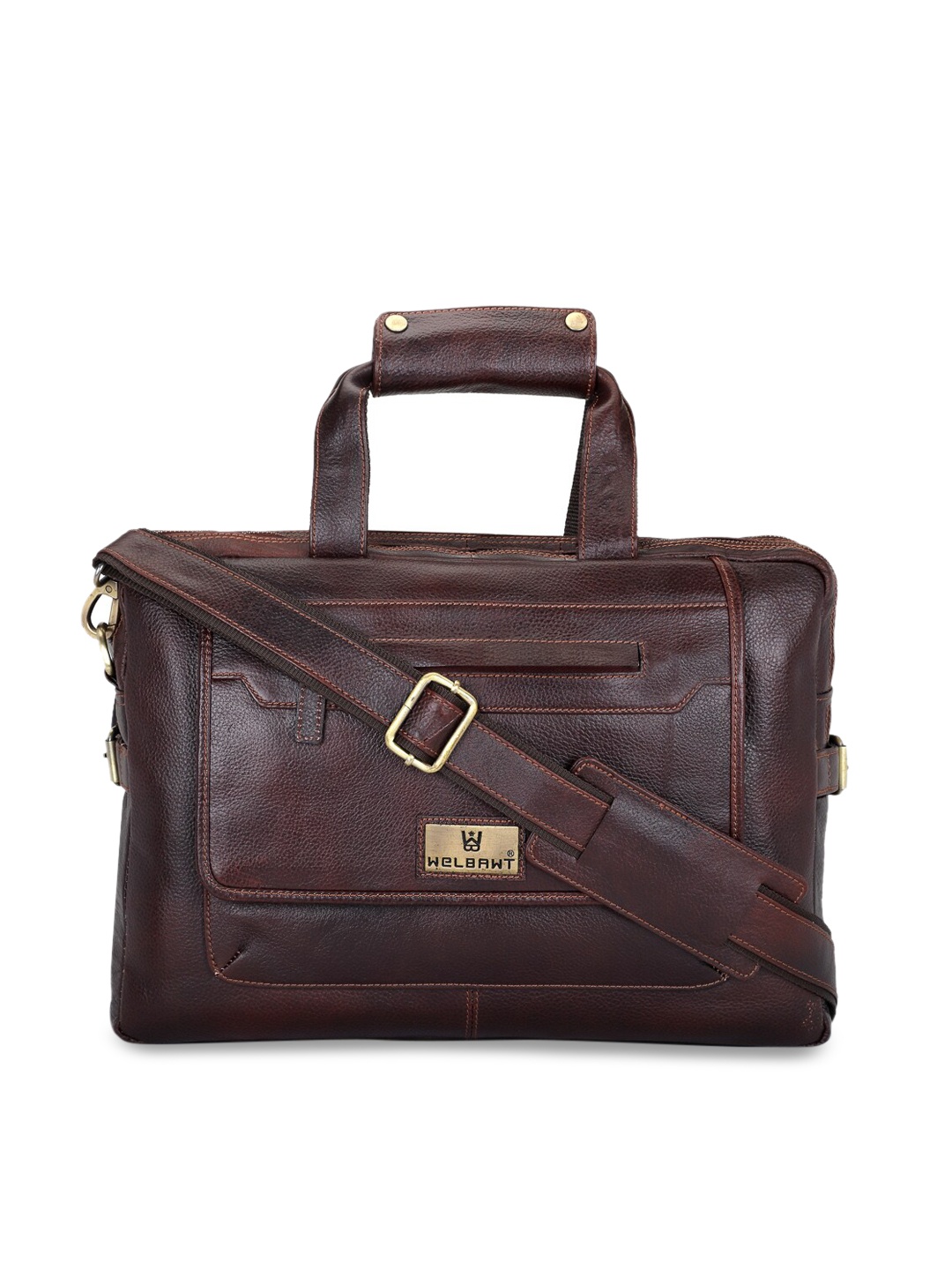 

WELBAWT Men Coffee Brown Solid Leather Laptop Bag