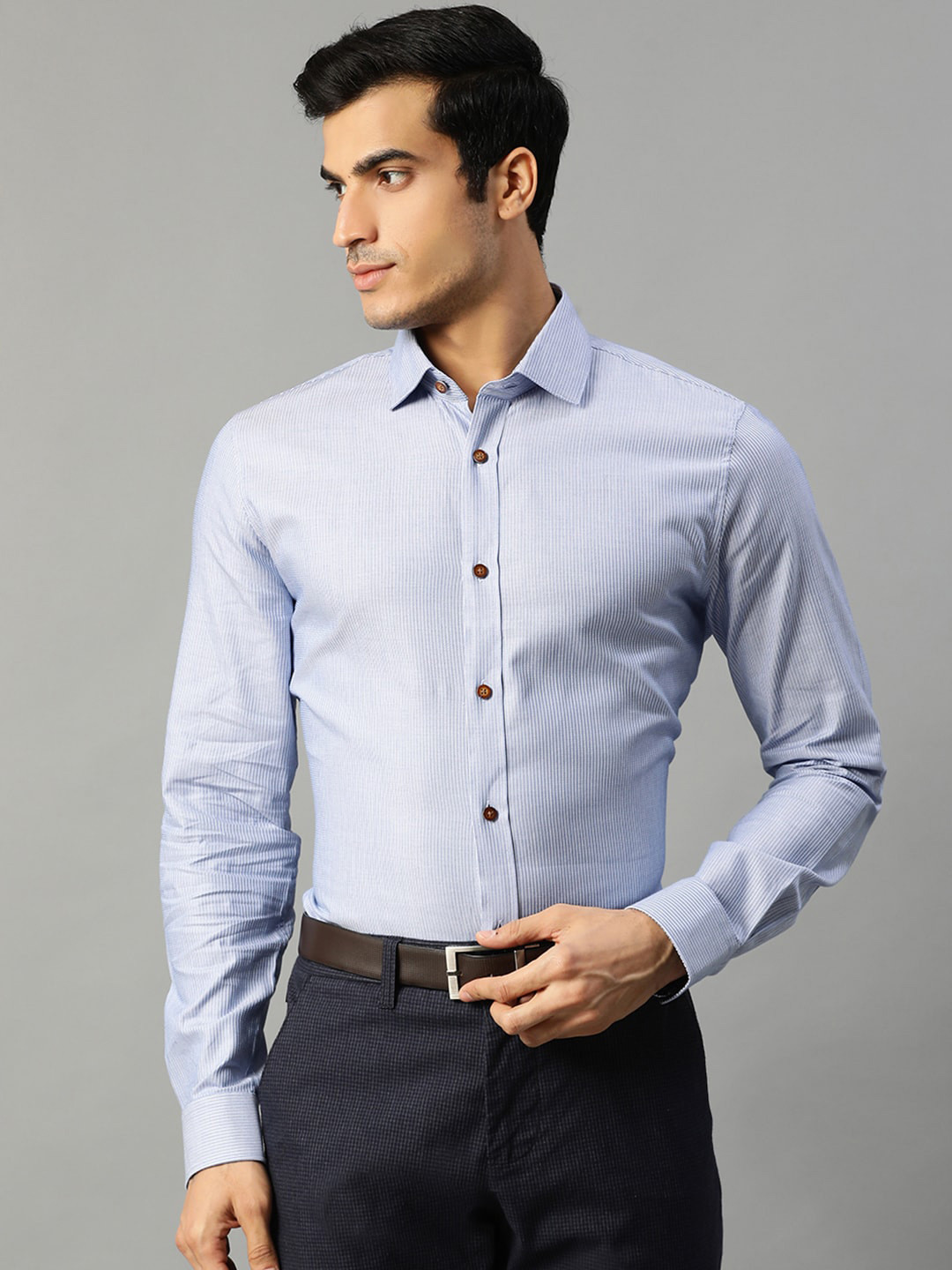 

Matinique Men Blue Slim Fit Opaque Striped Formal Shirt