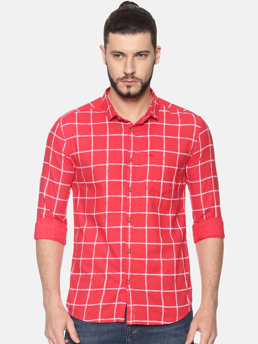 SHOWOFF Men Coral Red & White Slim Fit Checked Casual Shirt