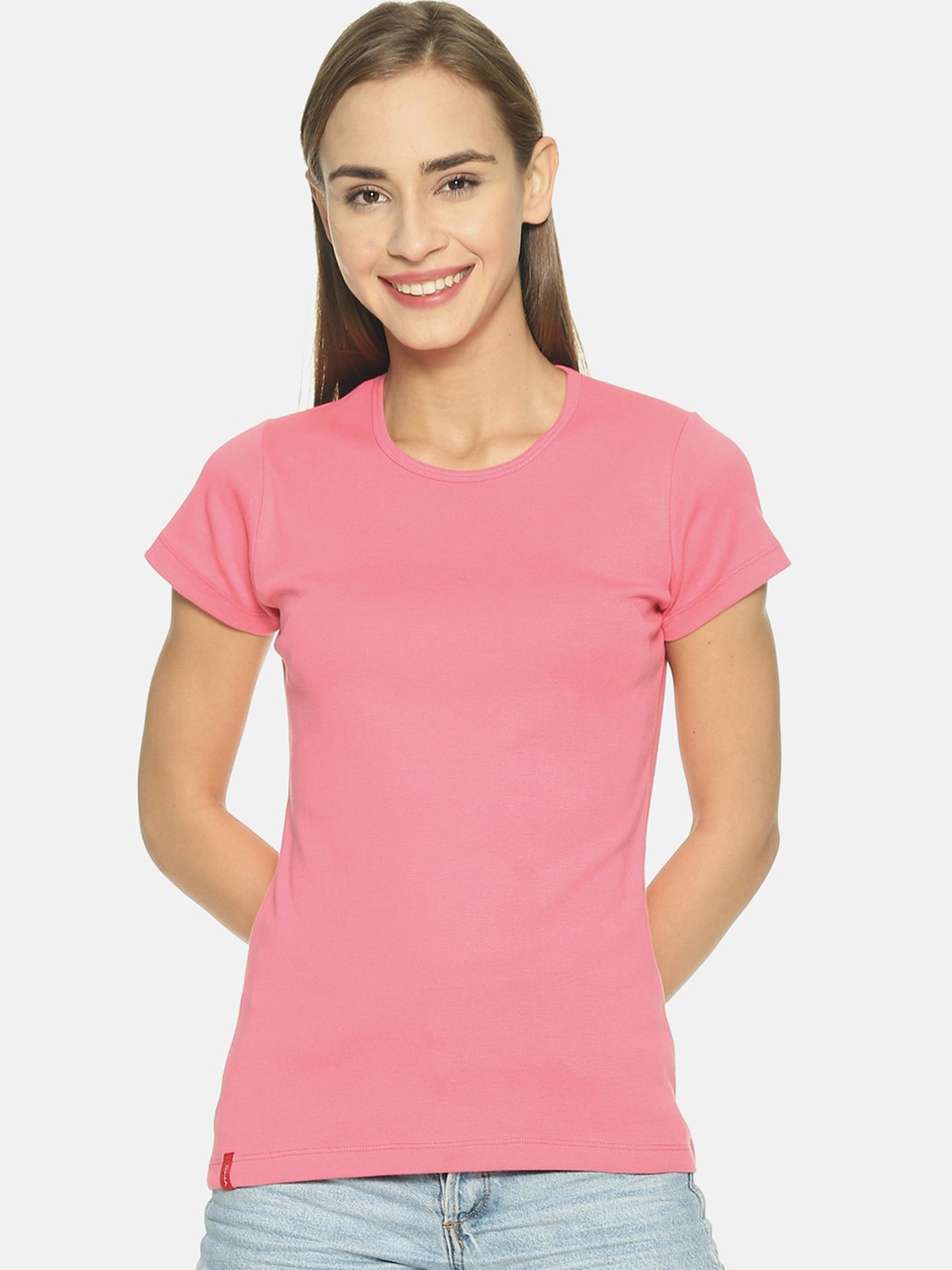 

FEMEA Women Pink Solid Round Neck Pure Cotton T-shirt