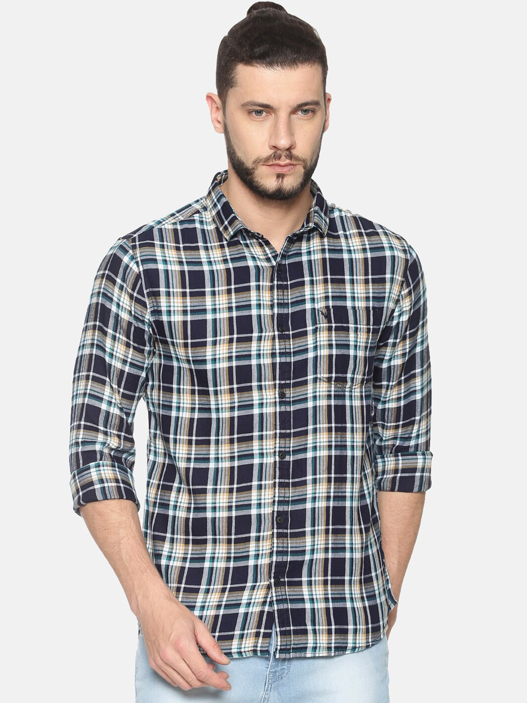 

SHOWOFF Men Navy Blue Slim Fit Checked Casual Shirt