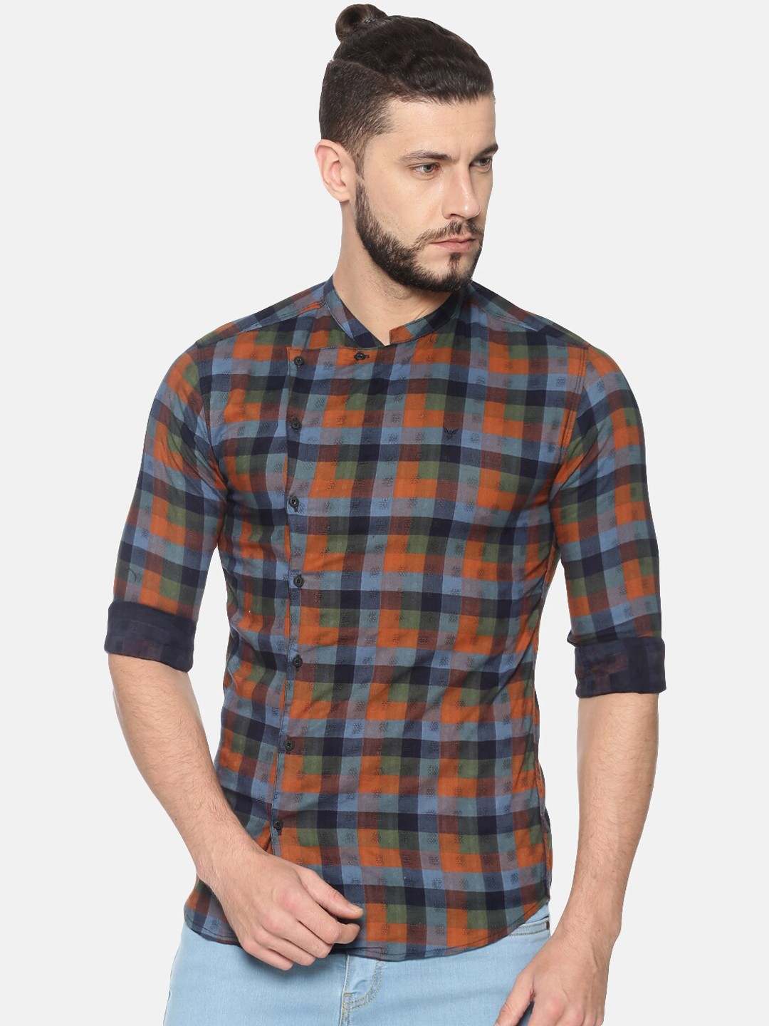 

SHOWOFF Men Navy Blue & Orange Slim Fit Checked Casual Shirt