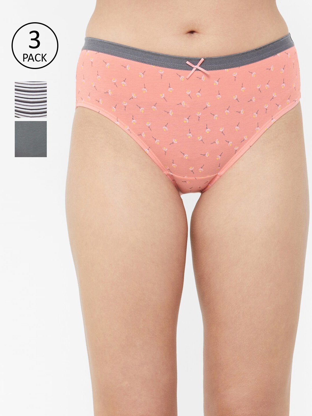 

SOIE Women High Rise Full Coverage Printed Cotton Stretch Hipster Panty (Pack of 3), Grey