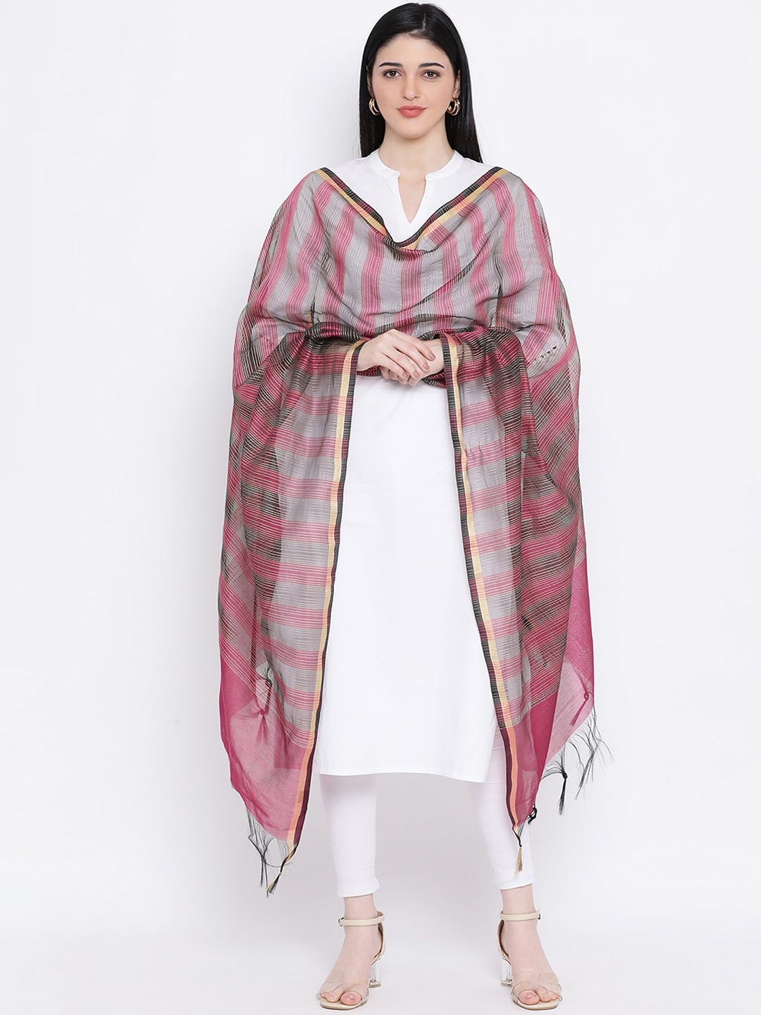 

SHINGORA Women Pink & Grey Striped Antiviral Coated Dupatta