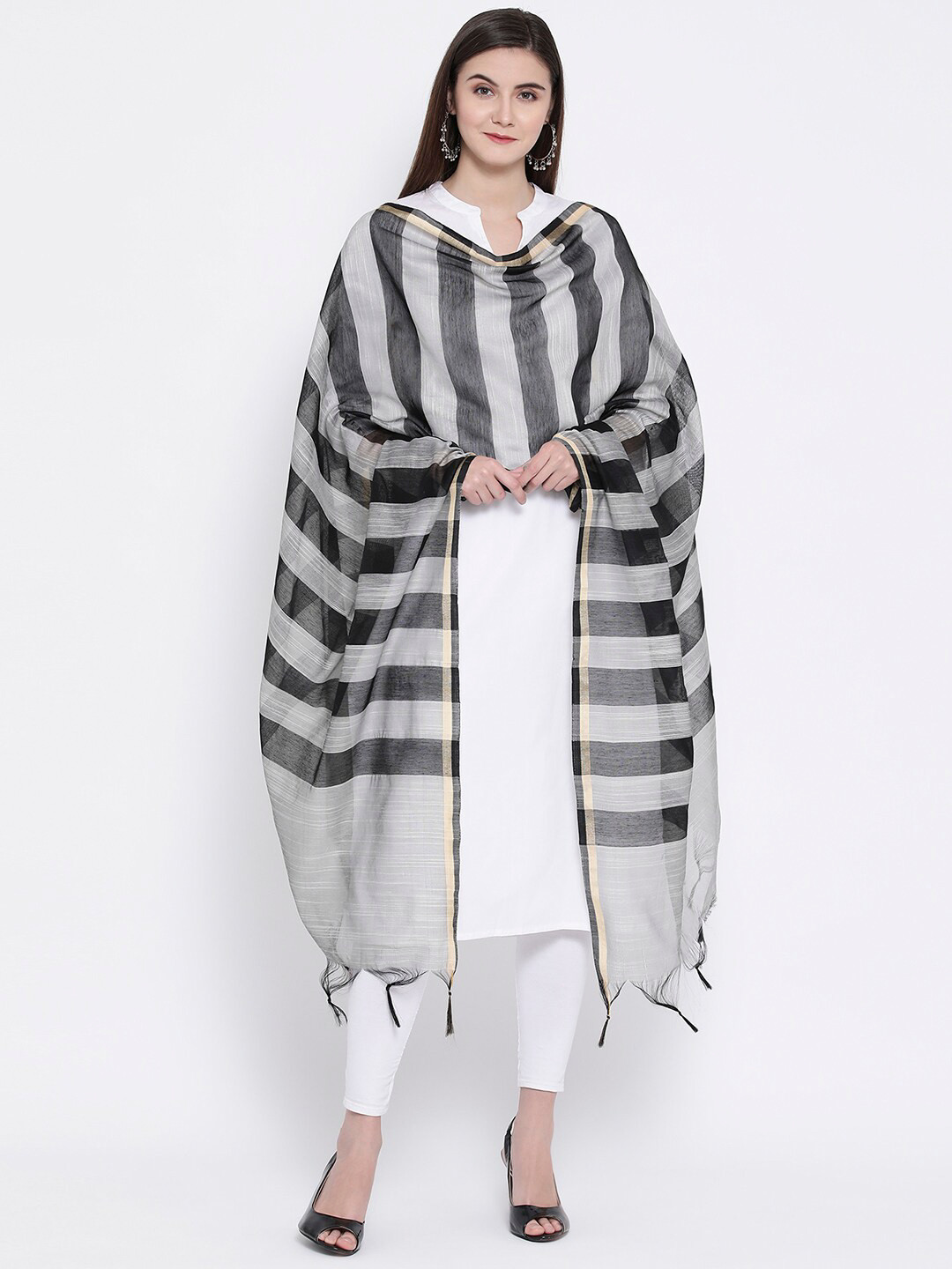 

SHINGORA Grey & Black Striped Anti Viral Coated Dupatta