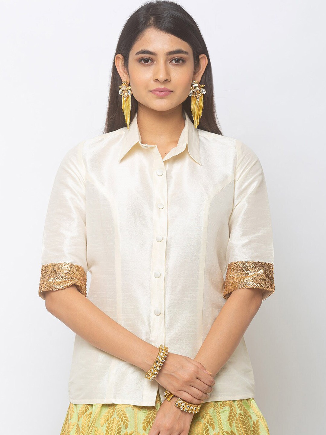 

6Y COLLECTIVE Women Off-White Embellished Shirt Style Top