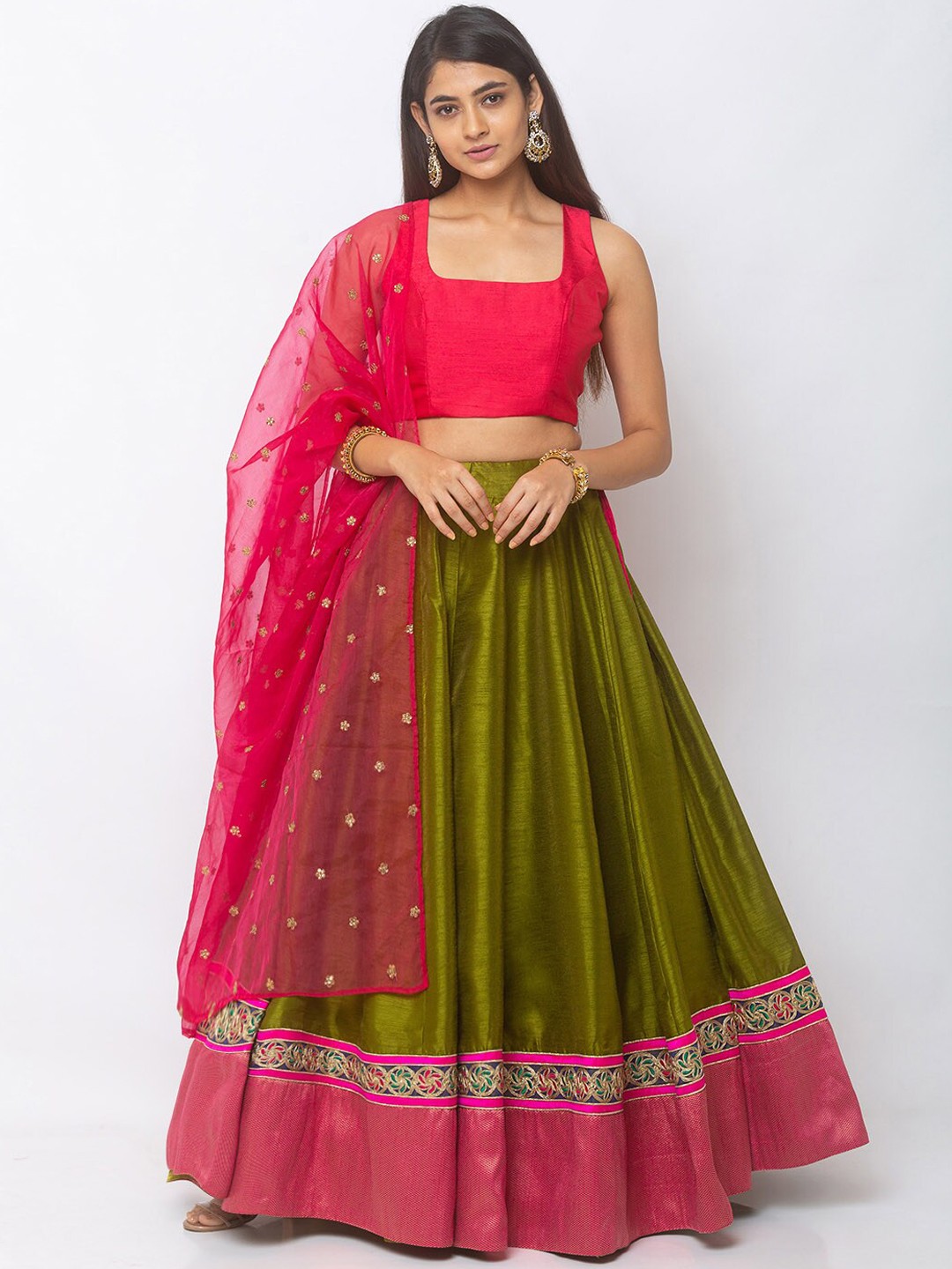 

6Y COLLECTIVE Olive Green & Pink Solid Ready to Wear Lehenga & Unstitched Blouse with Dupatta