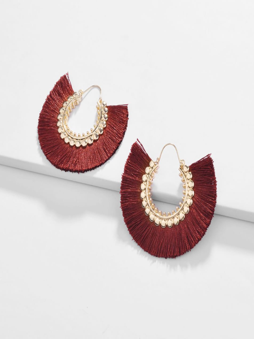 

AQUASTREET Maroon & Gold-Plated Silk Thread Handmade Drop Earrings