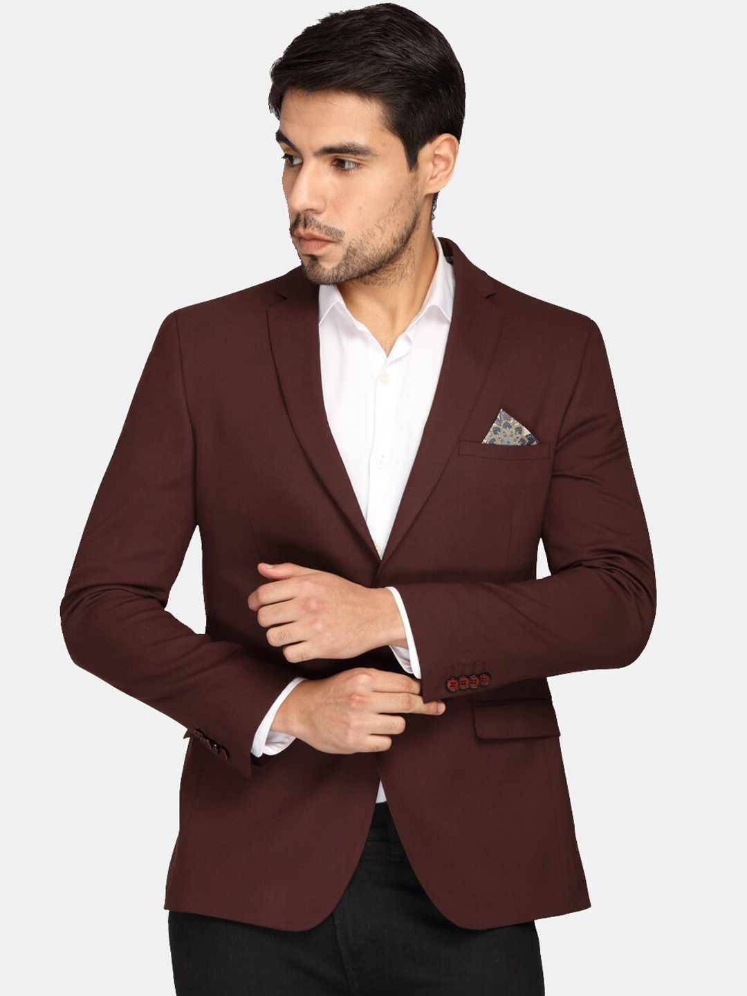 Theme Men Burgundy Solid Super Slim-Fit Single-Breasted Casual Blazer