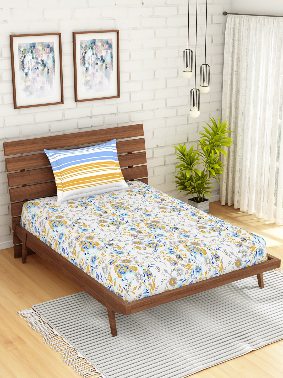 SPACES White & Grey Floral 144 TC Cotton 1 Single Bedsheet with 1 Pillow Cover