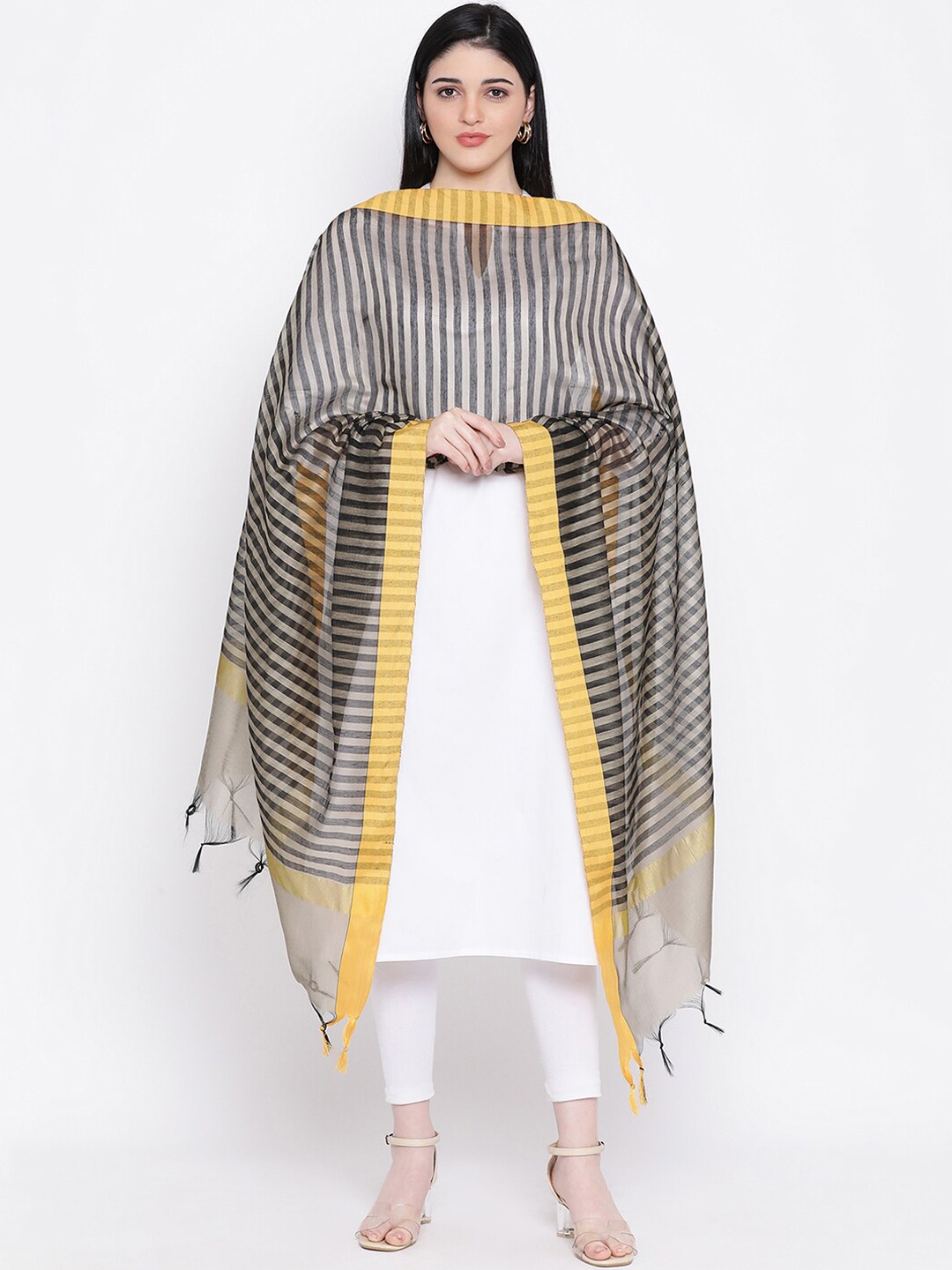 

SHINGORA Women Grey & Yellow Striped Antiviral Coated Dupatta