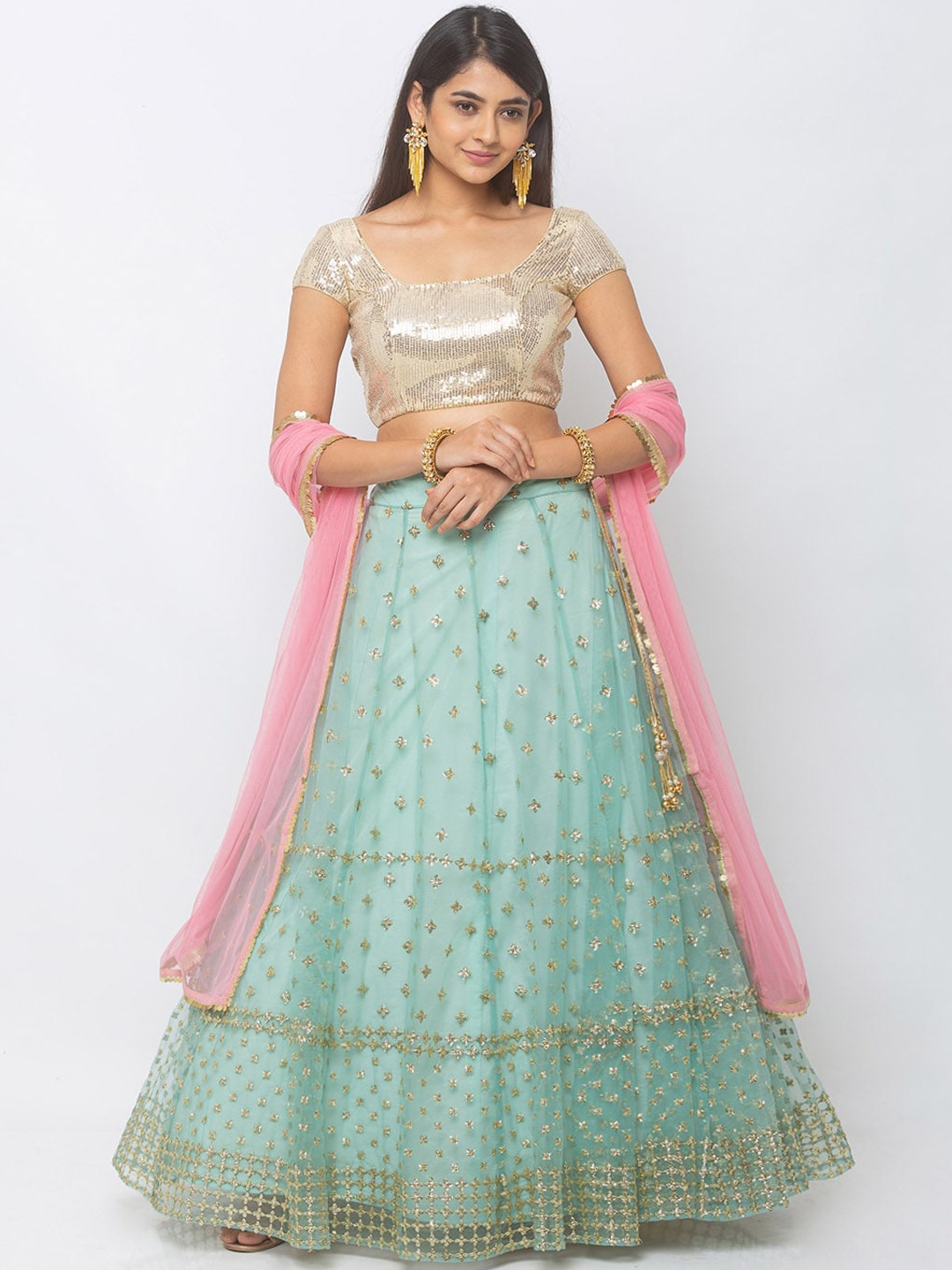

6Y COLLECTIVE Sea Green & Pink Embellished Ready to Wear Lehenga & Unstitched Blouse with Dupatta