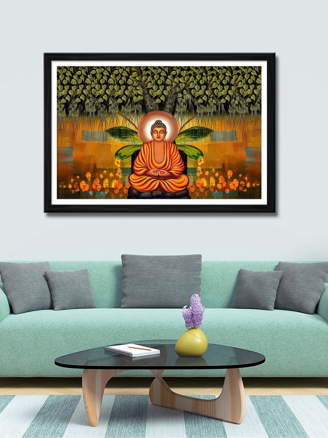 

999Store Brown & Green Boddhi Tree And Buddha Canvas Wall Art