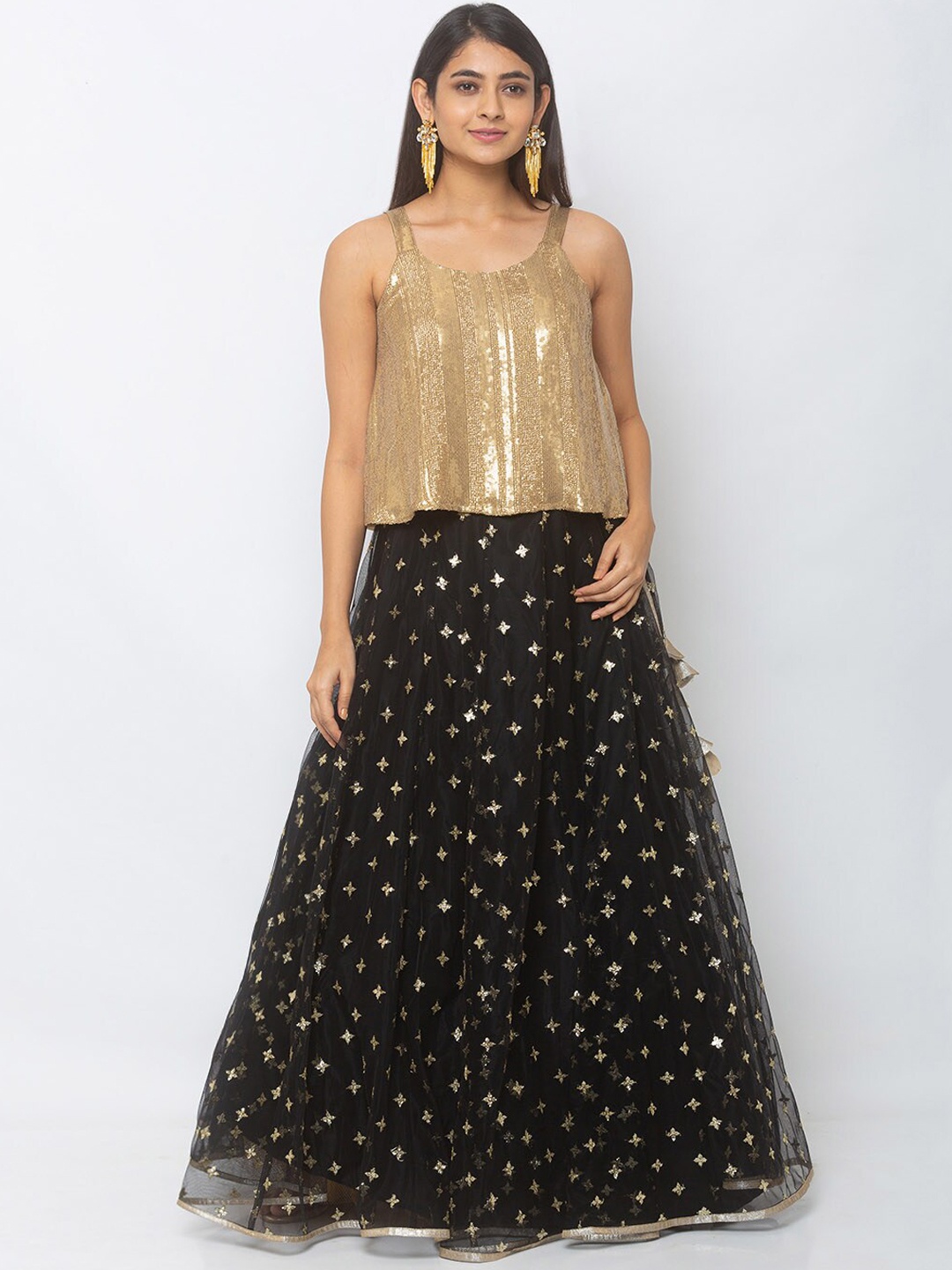

6Y COLLECTIVE Gold-Coloured & Black Ready to Wear Lehenga with Blouse