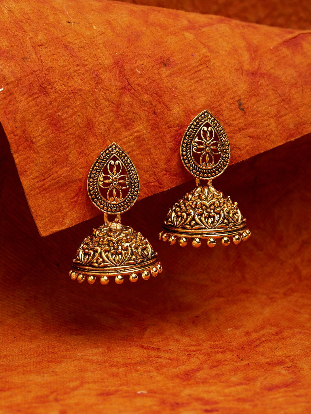 Fida Gold-Plated & Maroon Dome Shaped Jhumkas