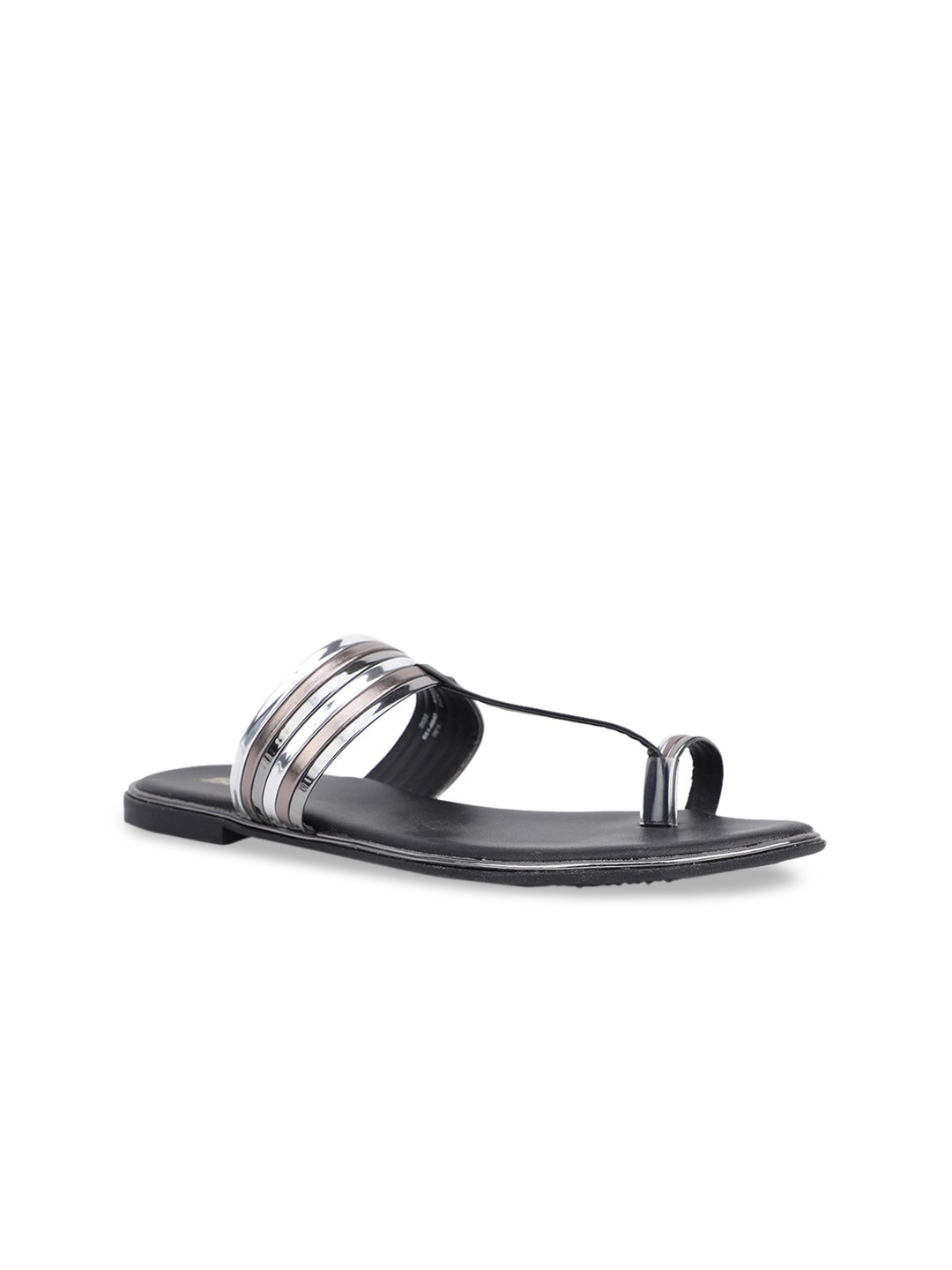

Bata Women Silver-Toned Solid T-Strap Flats