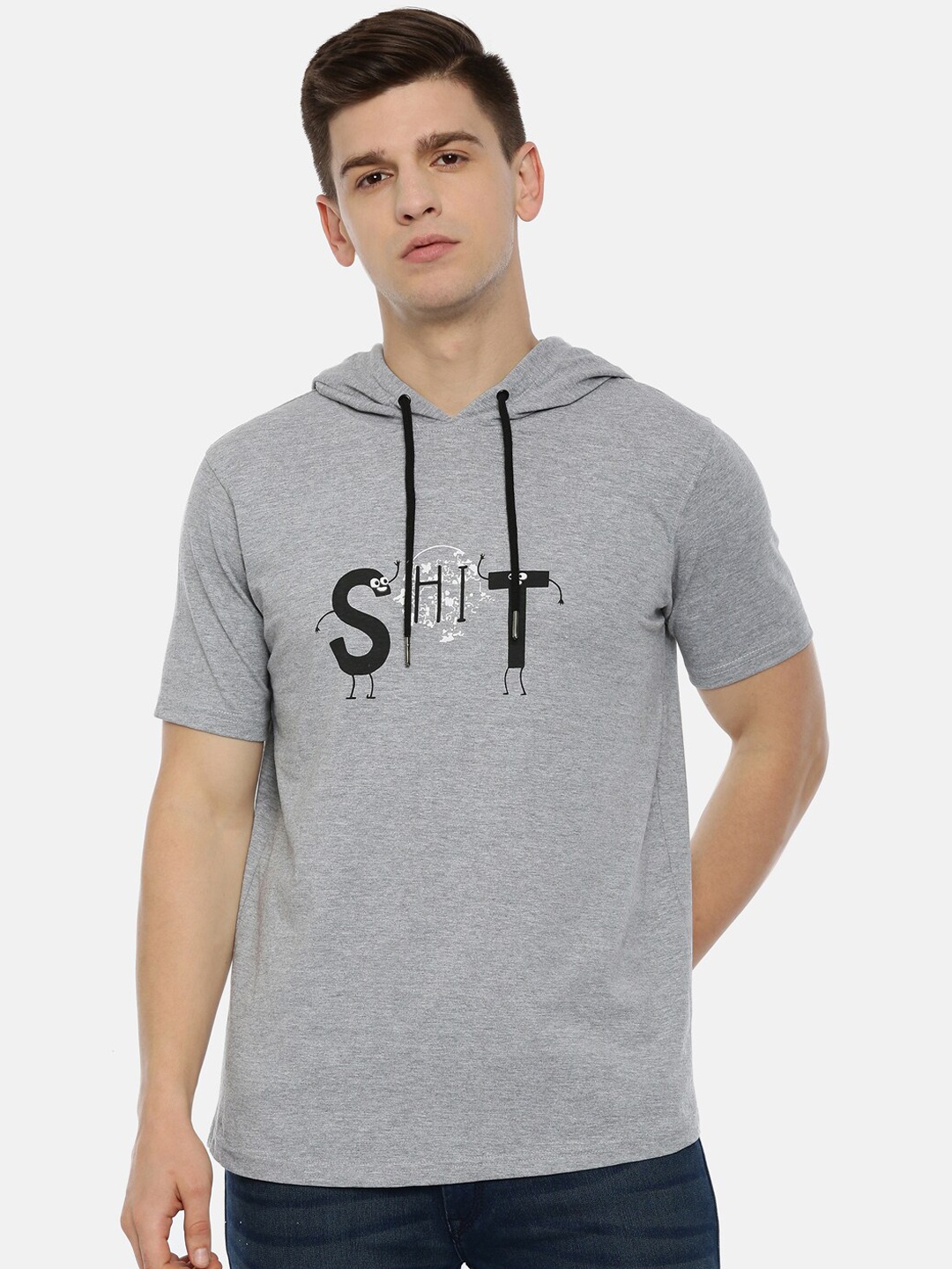

Bushirt Men Grey Melange Printed Hood T-shirt