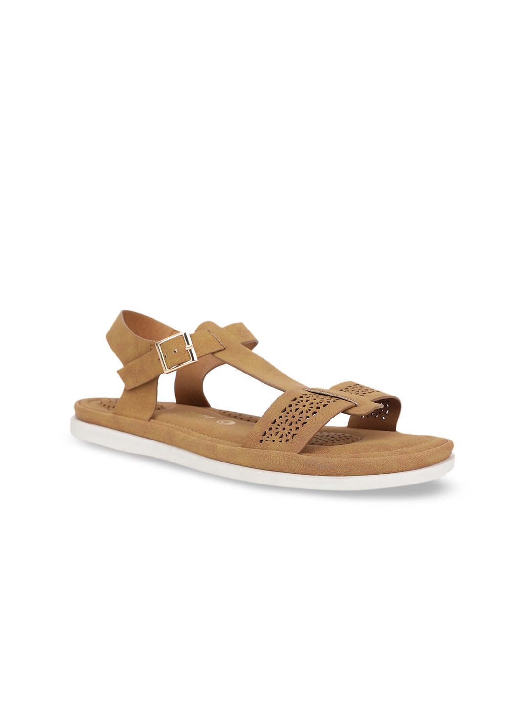 

Bata comfit Women Tan Brown Laser Cut PU Open Toe Flats