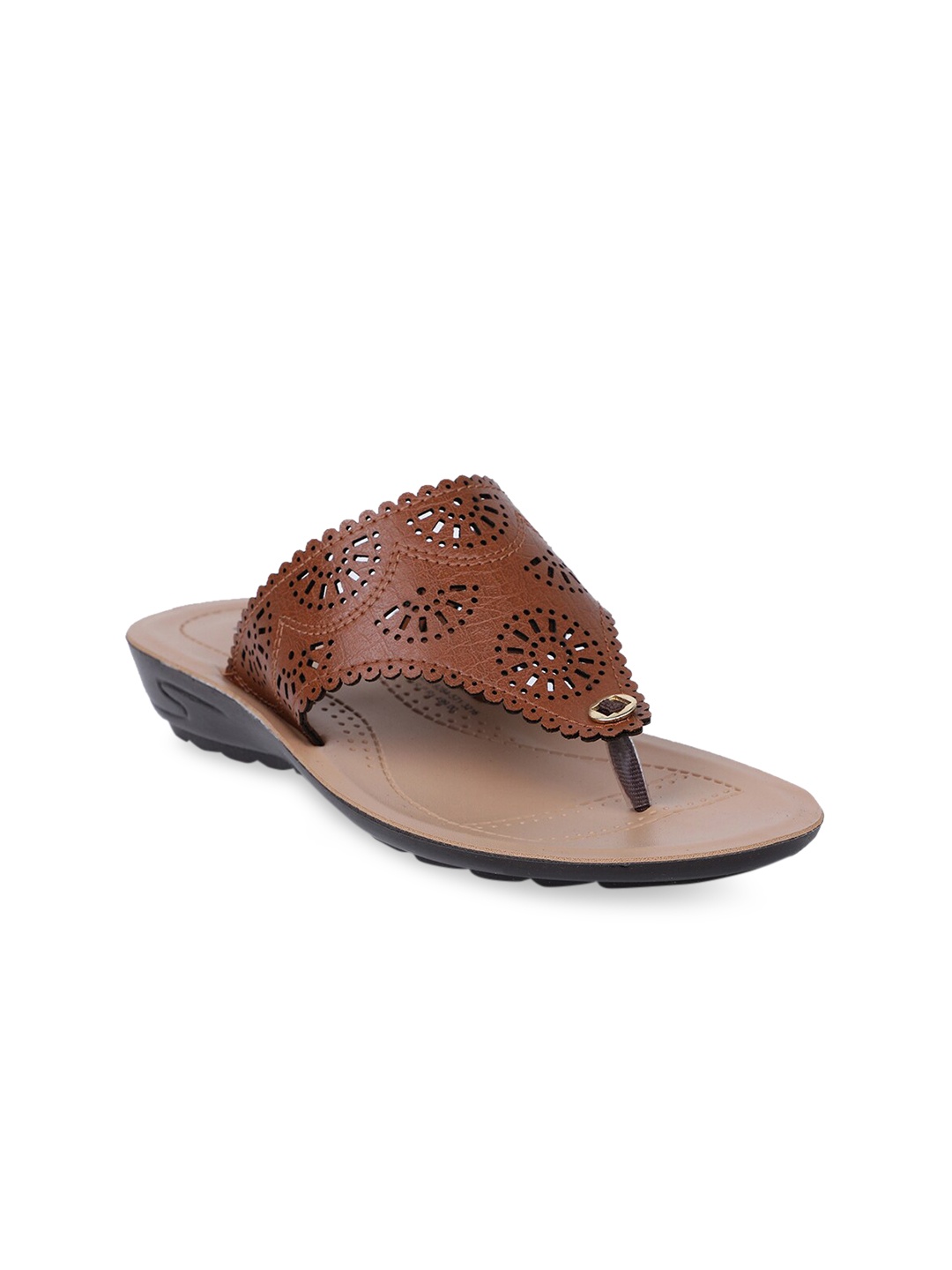 

Bata Women Brown Laser Cut PU Open Toe Flats