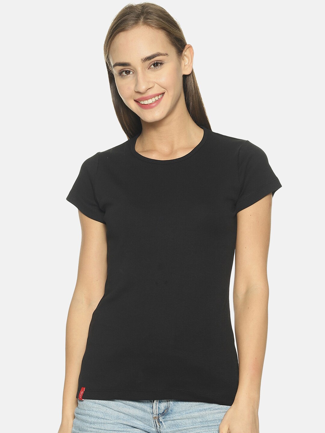 

FEMEA Women Black Solid Round Neck Pure Cotton T-shirt