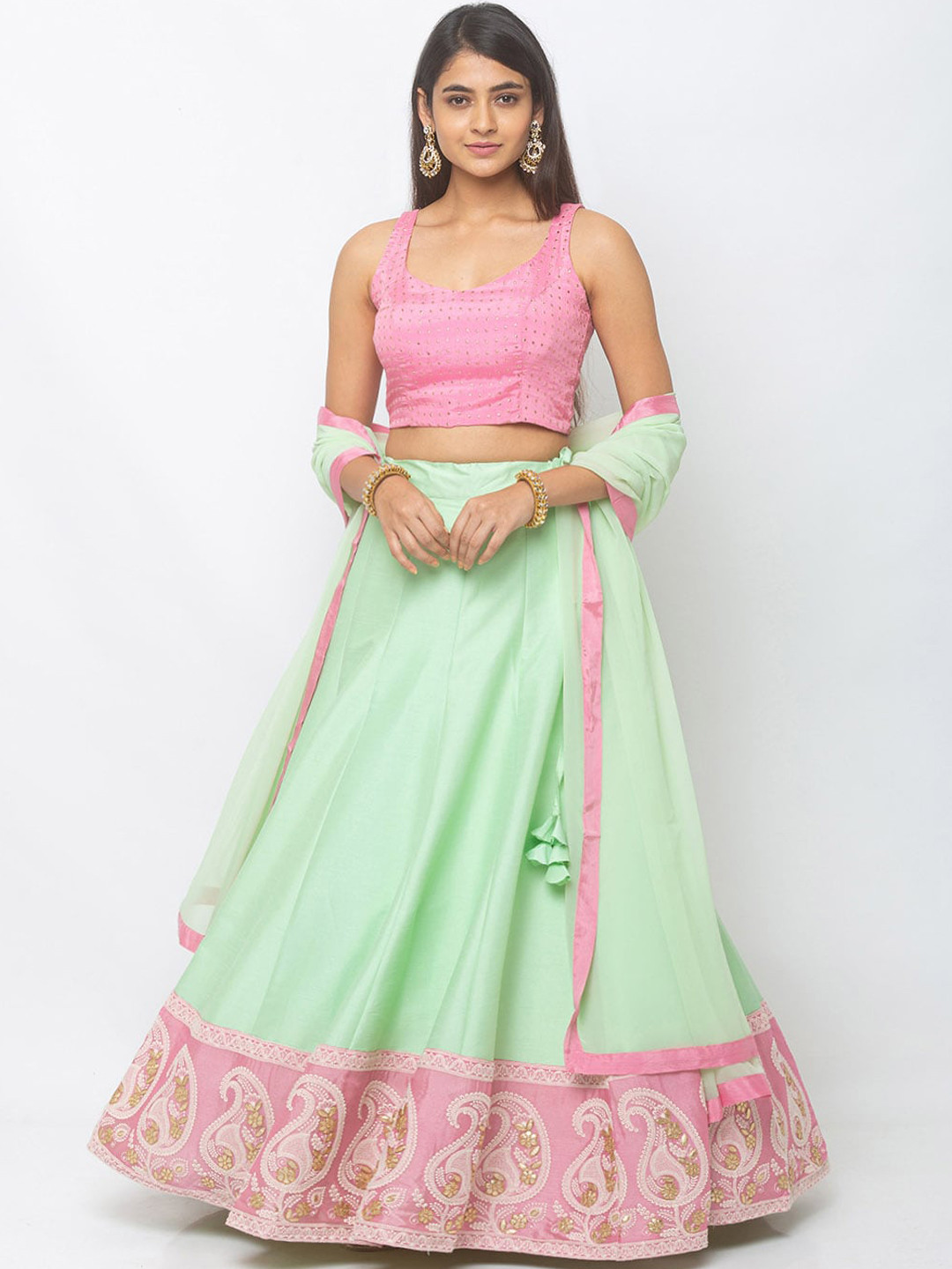 

6Y COLLECTIVE Sea Green & Pink Printed Ready to Wear Lehenga & Unstitched Blouse with Dupatta