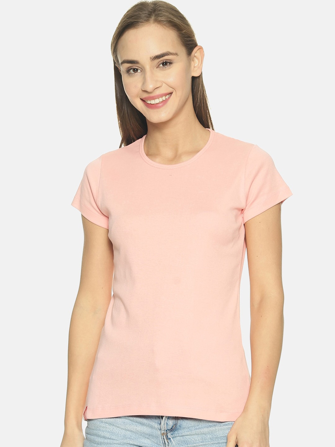 

FEMEA Women Pink Solid Round Neck T-shirt