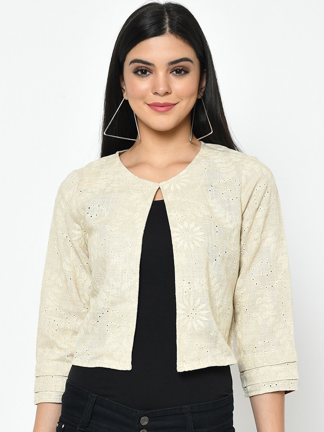 

Latin Quarters Women Beige Embroidered Open Front Shrug