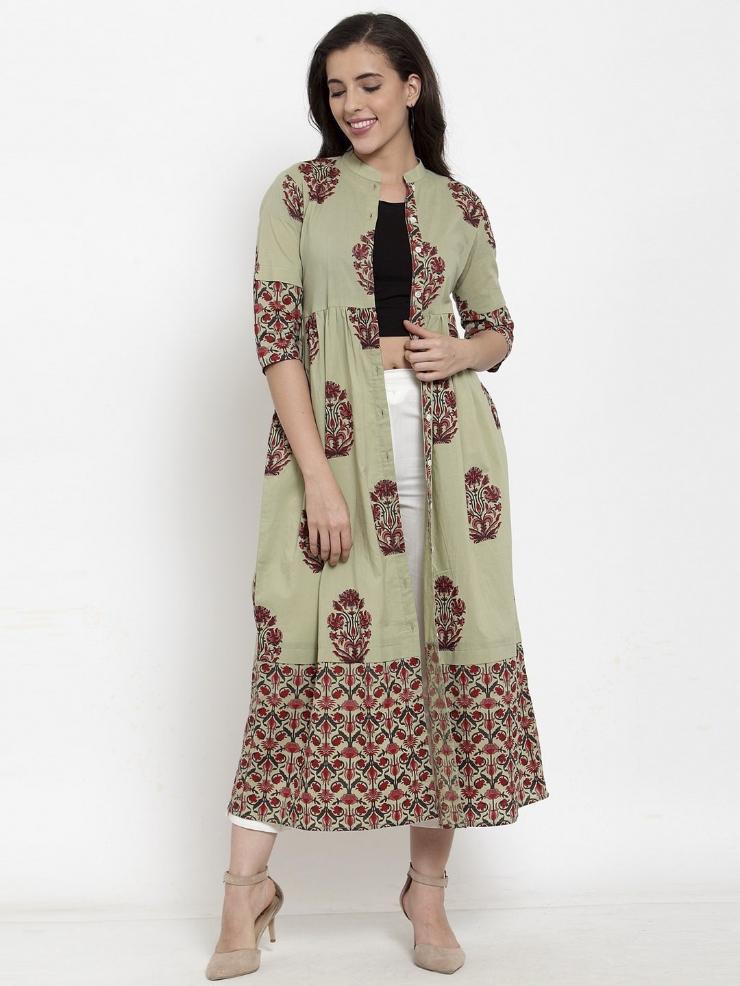 

Indibelle Women Green & Red Floral Print Open Front Shrug