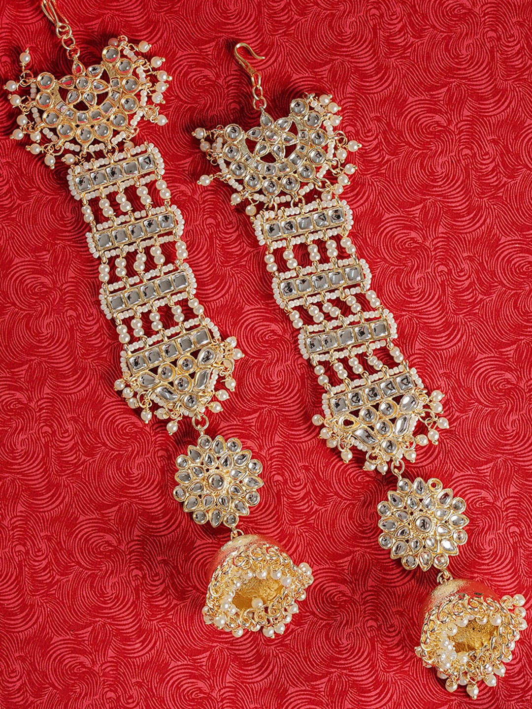 

Shoshaa Gold & White Kundan Long Tasselled Drop Earrings