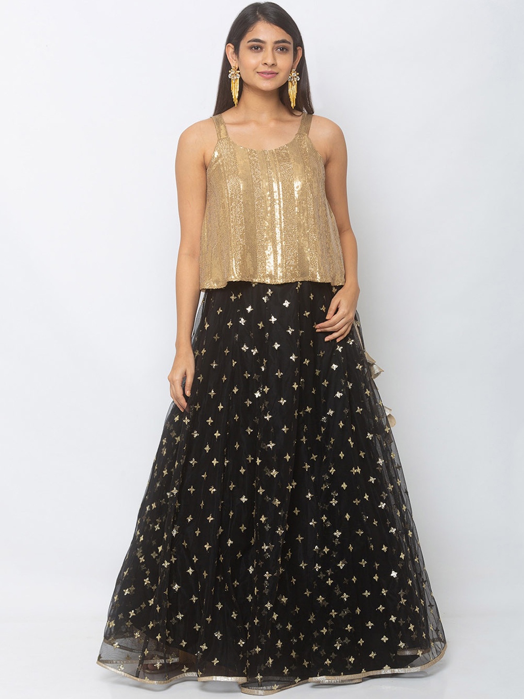 

6Y COLLECTIVE Black & Gold Ready to Wear Lehenga with Sequence Top