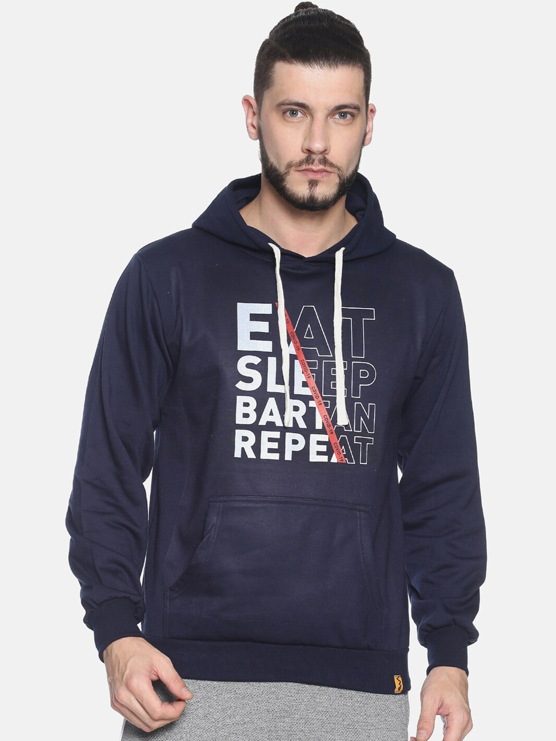

Campus Sutra Men Navy Blue Printed Hooded Sweatshirt