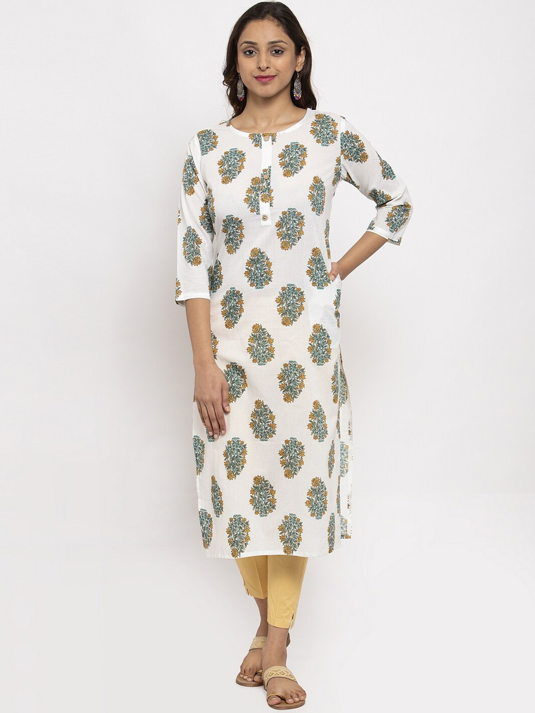 

TAG 7 Women White Floral Block Printed Straight Kurta