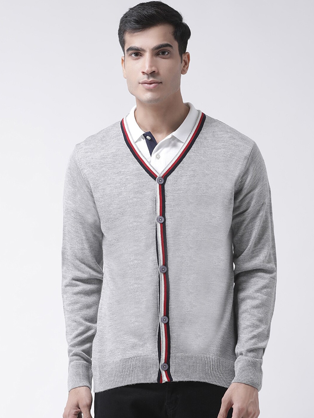 Club York Men Grey Solid Cardigan Sweater